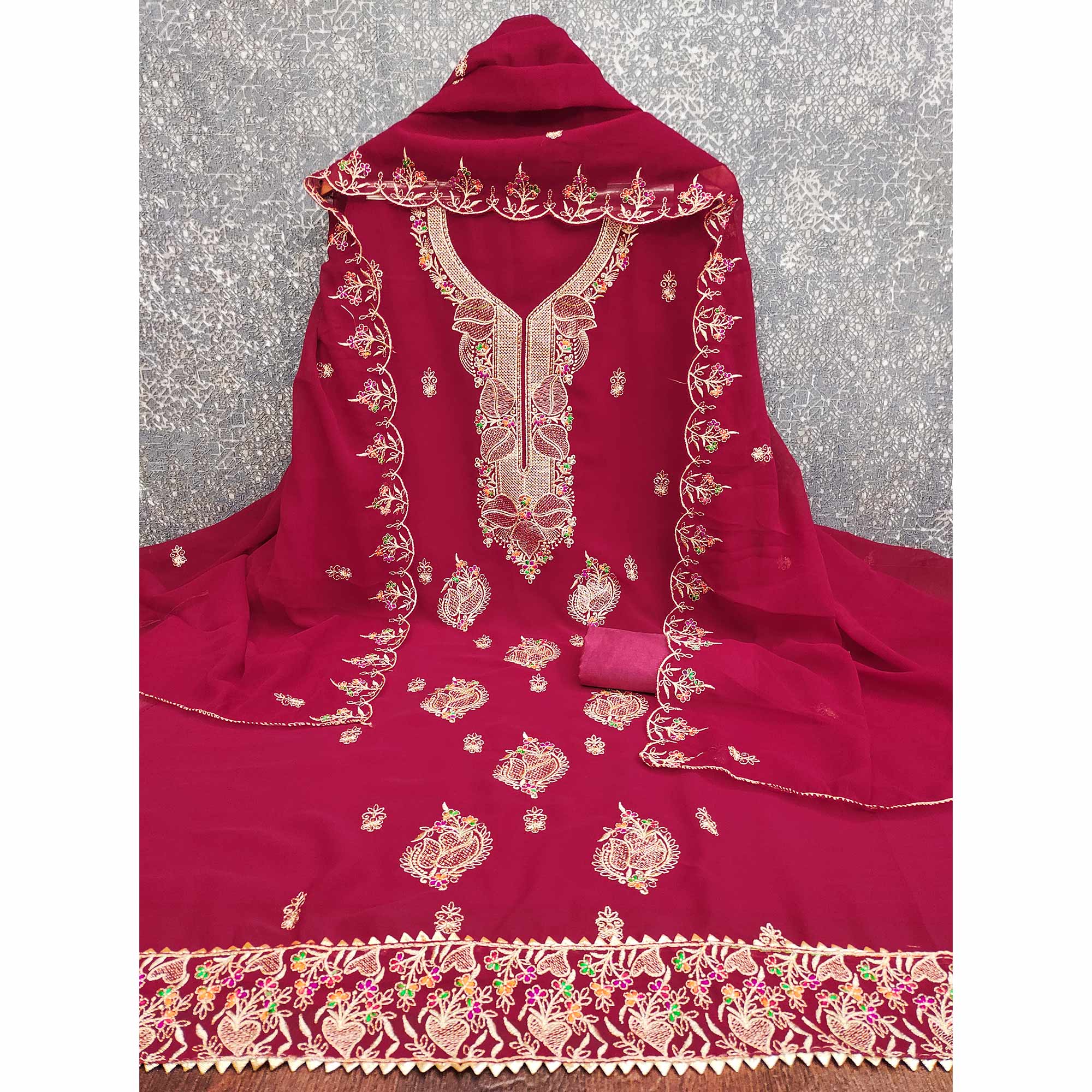Rani Pink Georgette Dress Material Adorned With Floral Embroidery & Elegant Lace Border - Image 4
