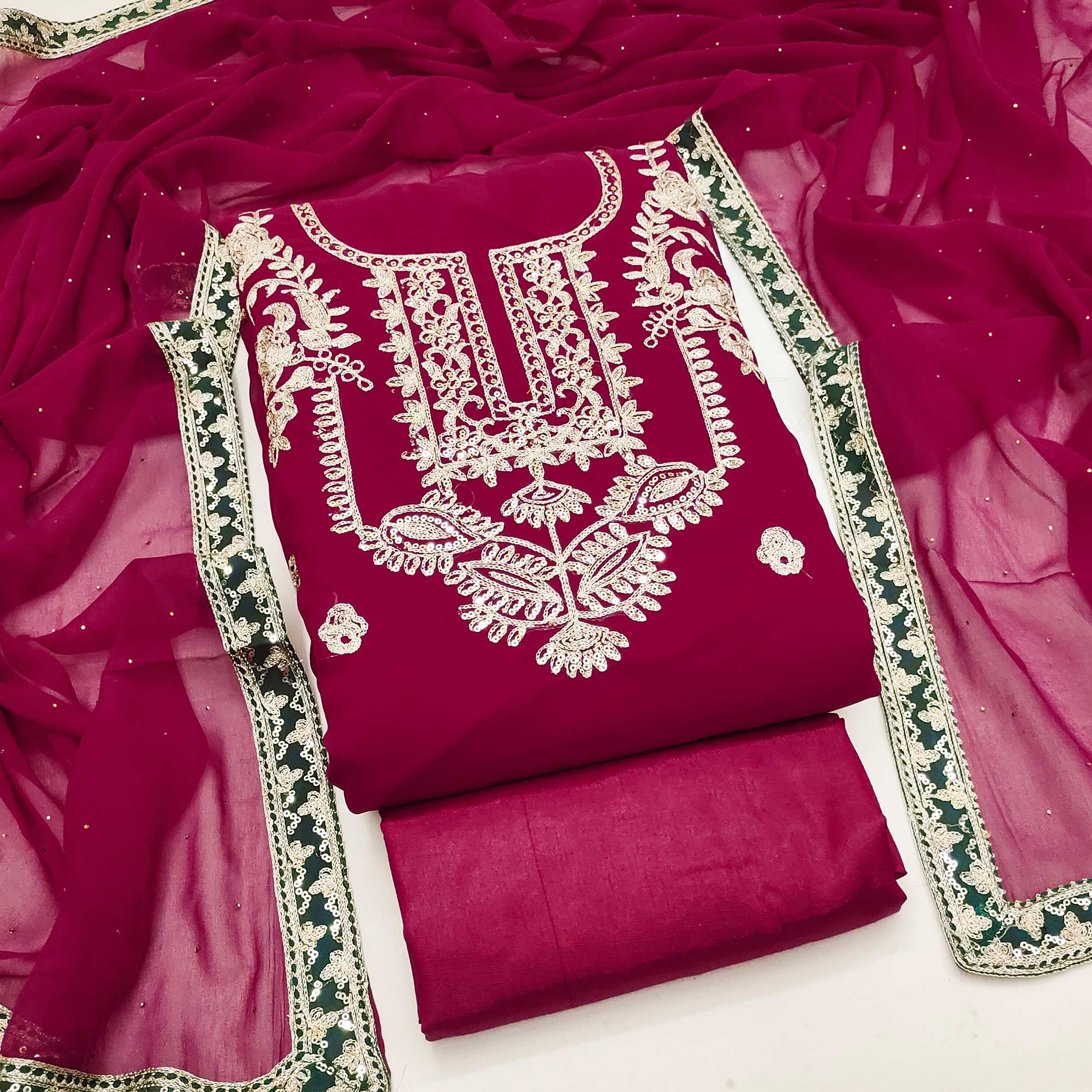 Rani Pink Georgette Dress Material Featuring Floral Thread Embroidery With Sequins Accents - Image 3