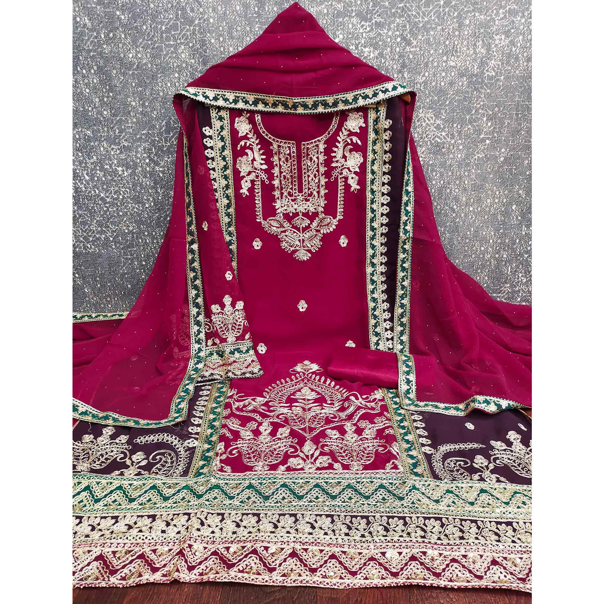 Rani Pink Georgette Dress Material Featuring Floral Thread Embroidery With Sequins Accents - Image 4