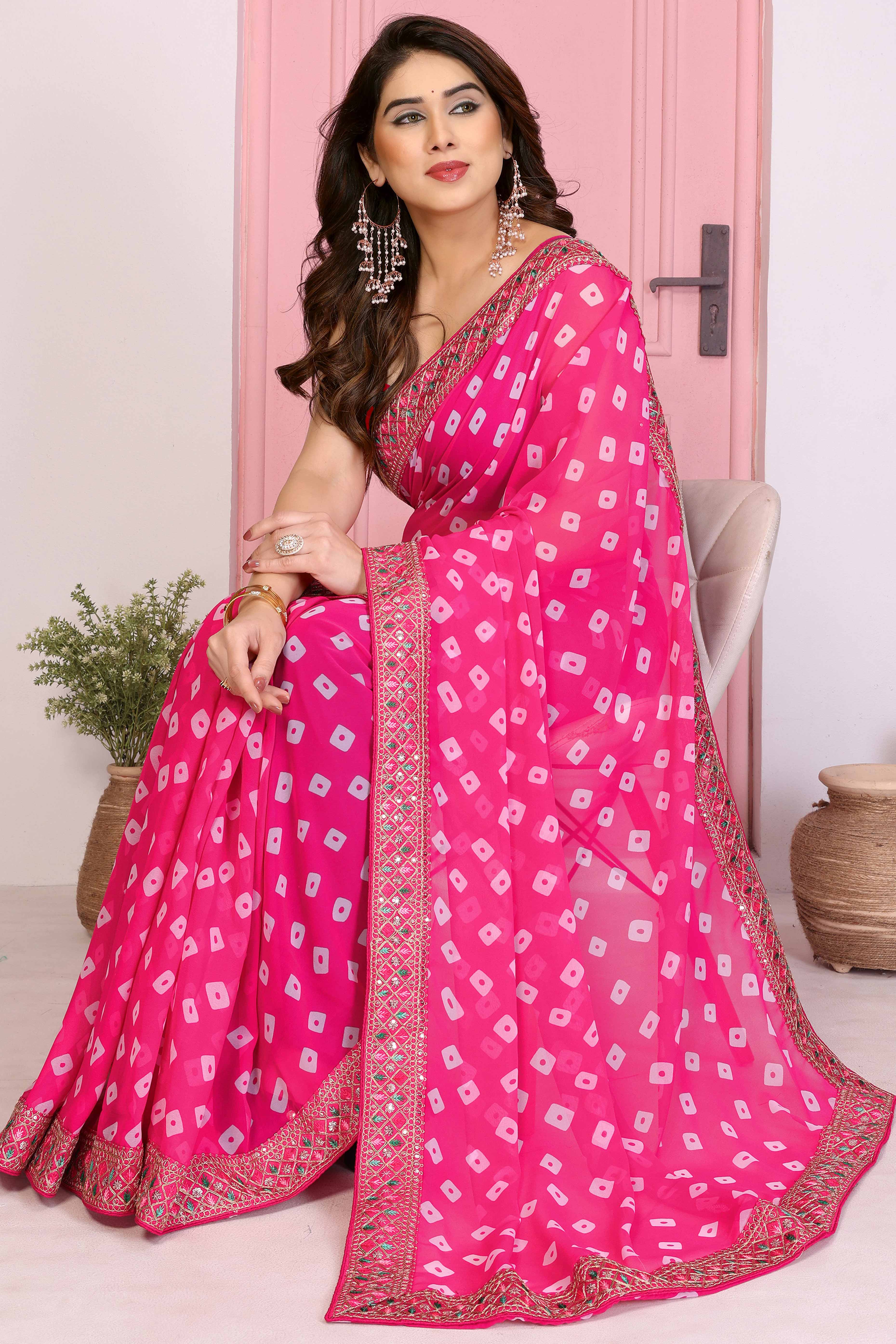 Rani Pink Georgette Saree With Bandhani Print & Exquisite Cording Embroidery Border - Image 5
