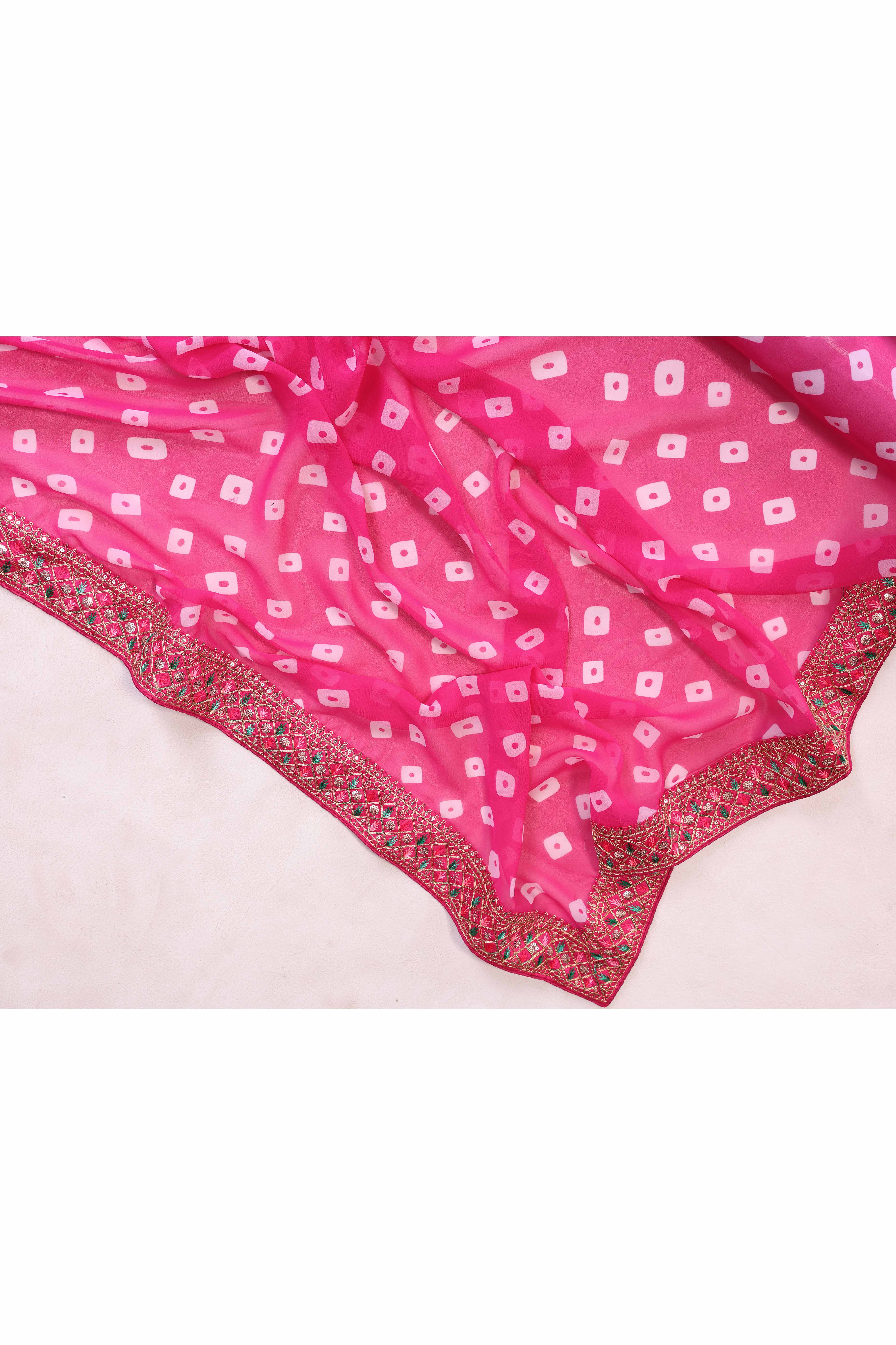 Rani Pink Georgette Saree With Bandhani Print & Exquisite Cording Embroidery Border - Image 7