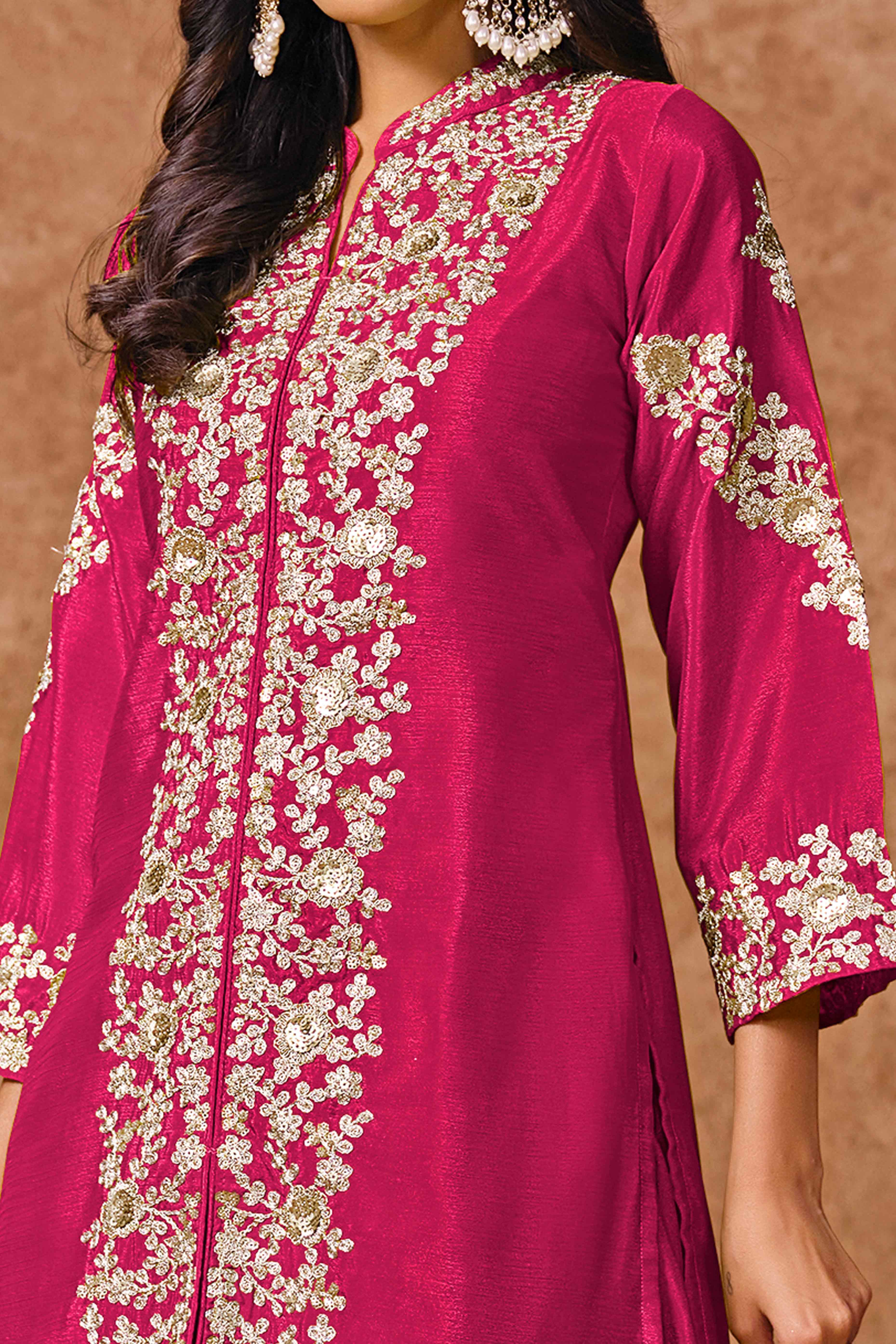 Rani Pink Chinon Palazzo Suit With Floral Sequins & Cording Embroidery Work - Image 2