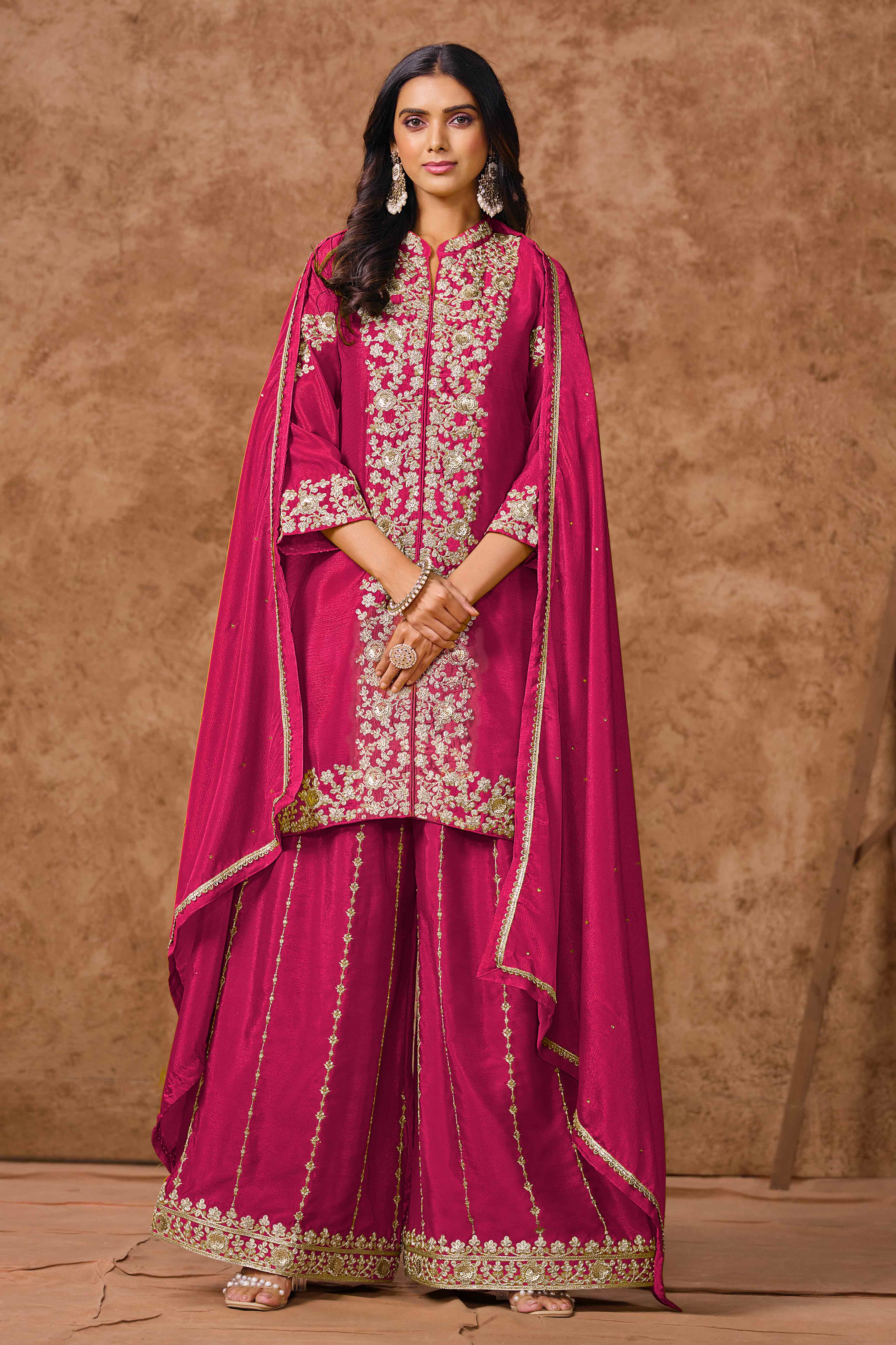 Rani Pink Chinon Palazzo Suit With Floral Sequins & Cording Embroidery Work - Image 3