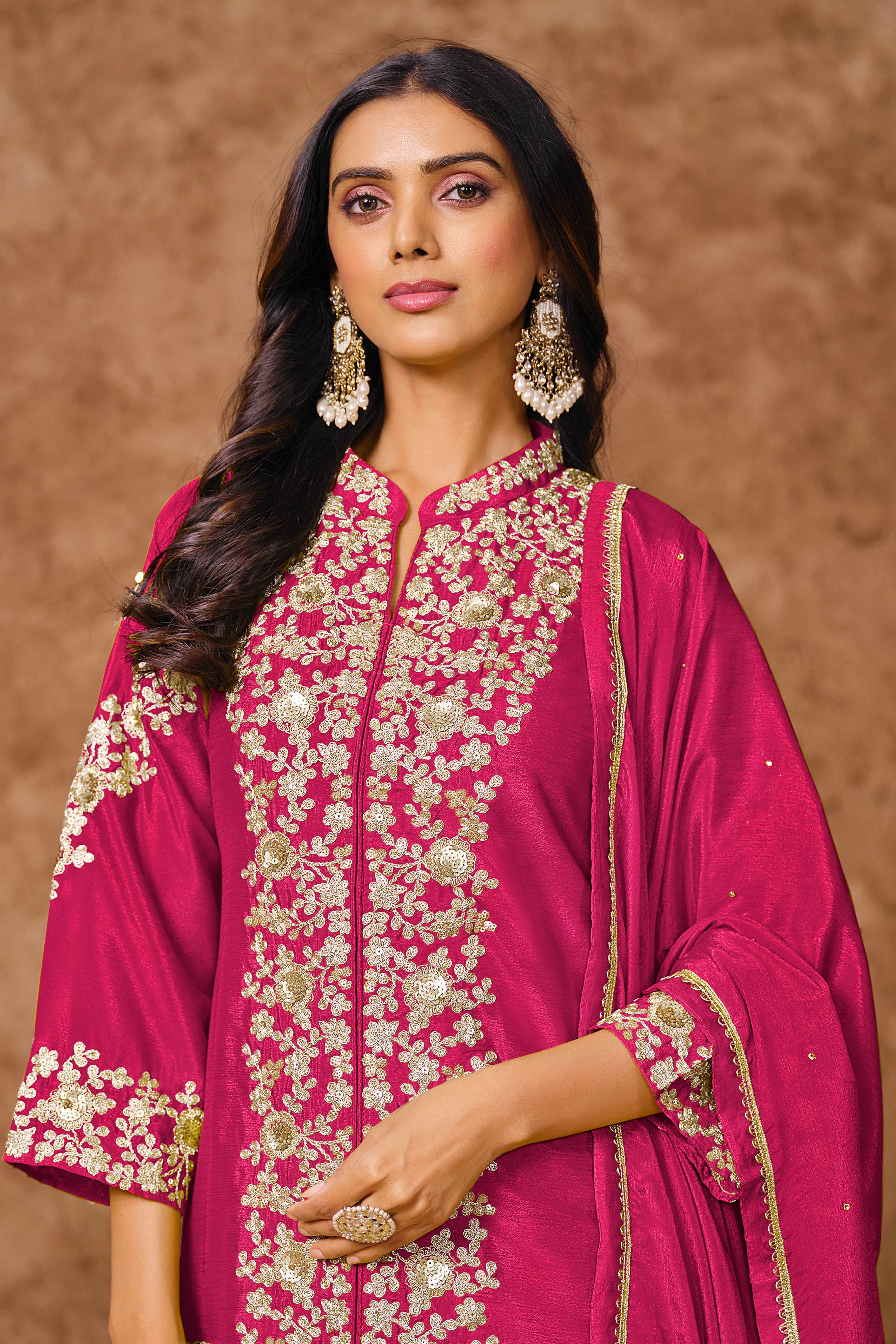 Rani Pink Chinon Palazzo Suit With Floral Sequins & Cording Embroidery Work - Image 4