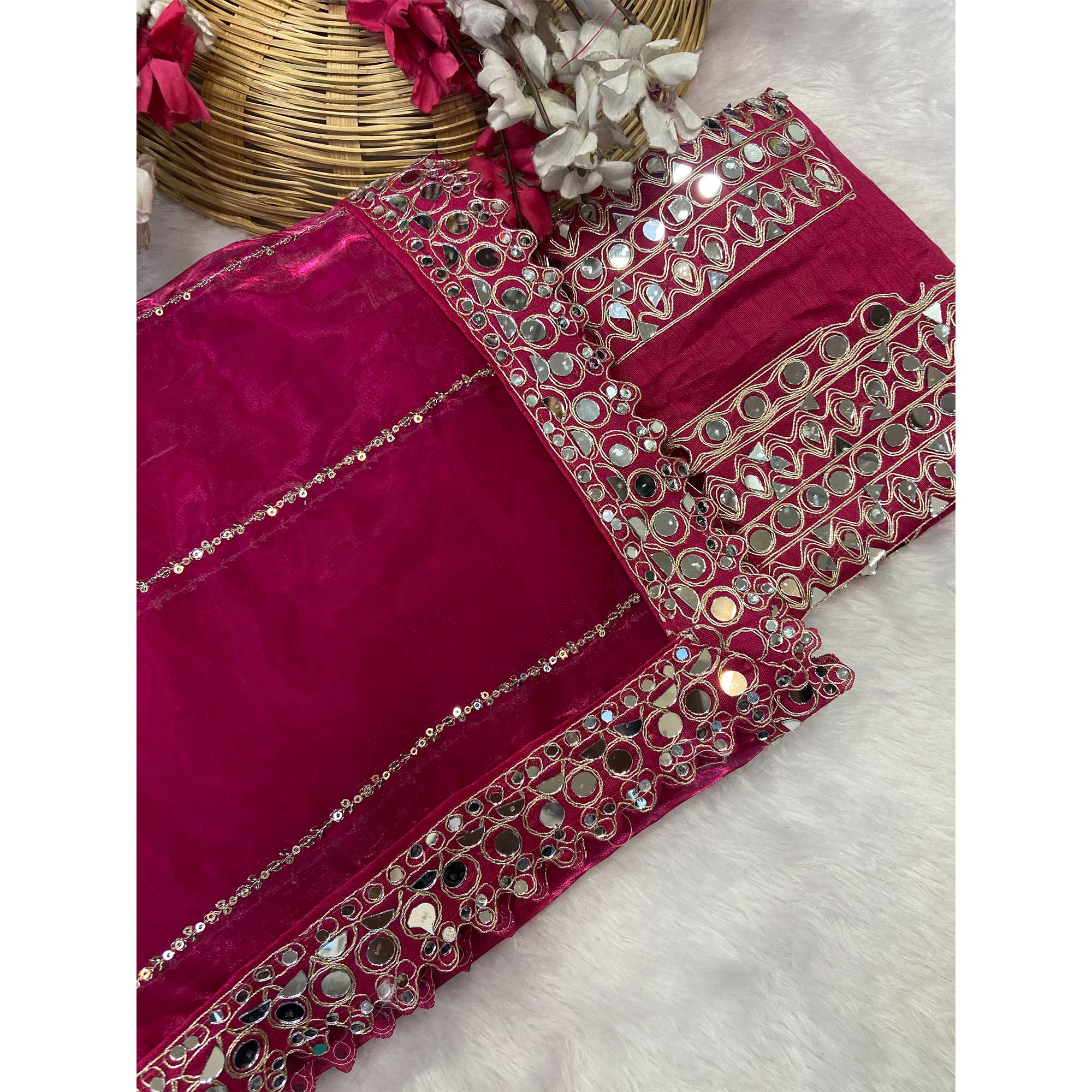 Rani Pink Jimmy Choo Satin Saree Adorned With Sequins Embroidery & Mirror Accents - Image 3