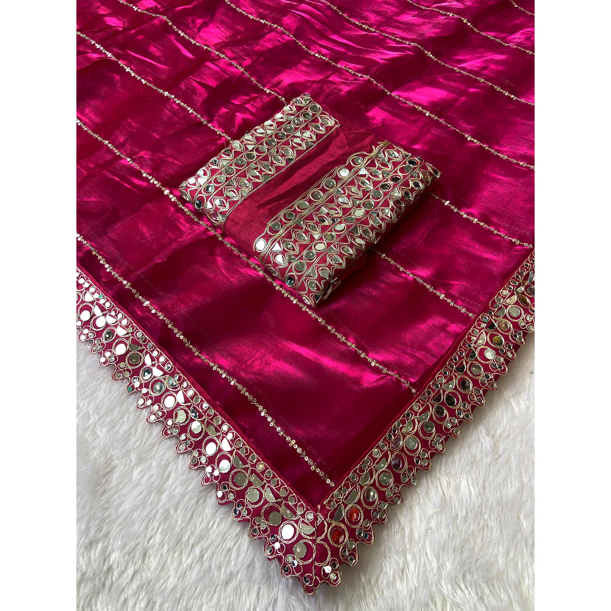Rani Pink Jimmy Choo Satin Saree Adorned With Sequins Embroidery & Mirror Accents - Image 4