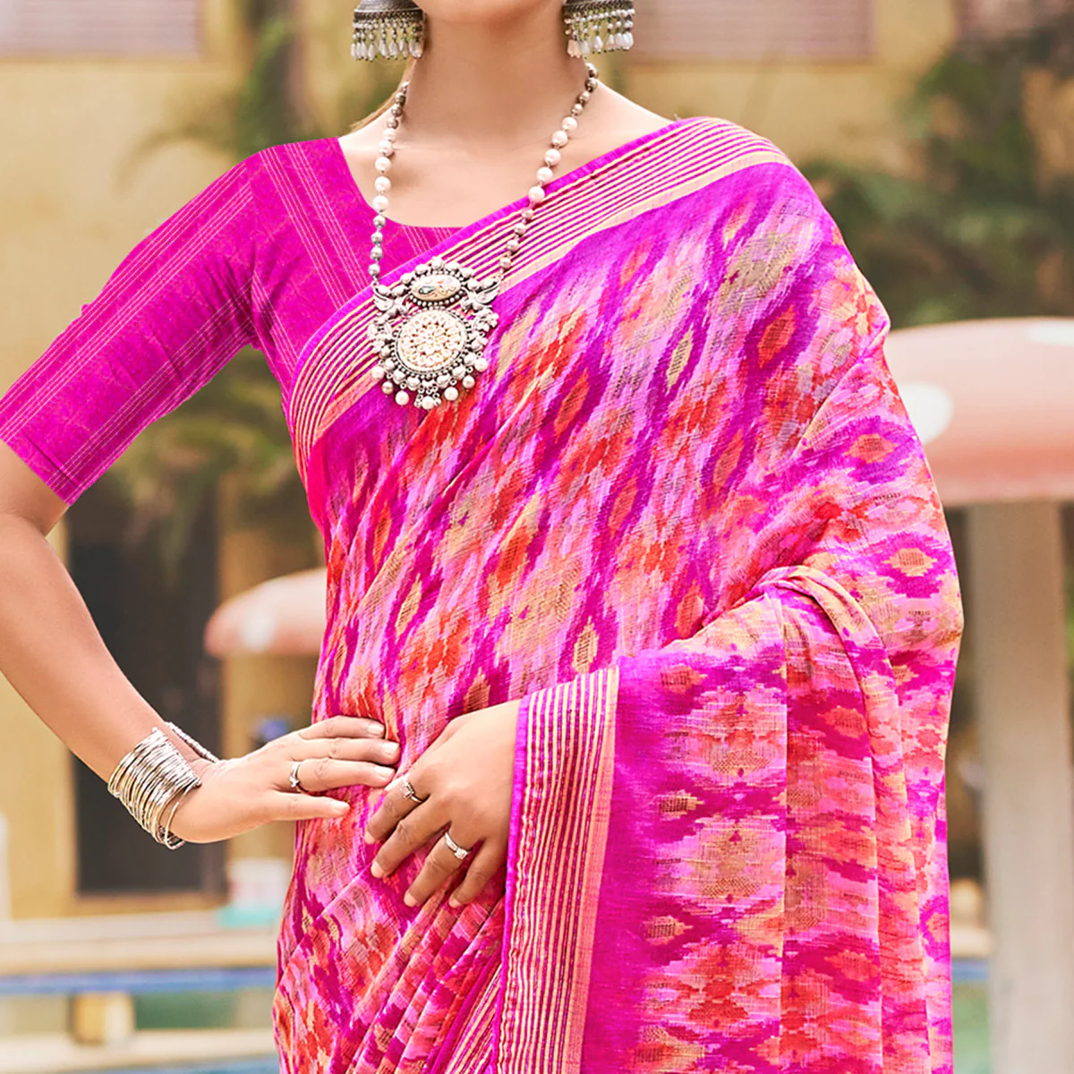 Rani Pink Abstract Printed Chiffon Saree - Image 2