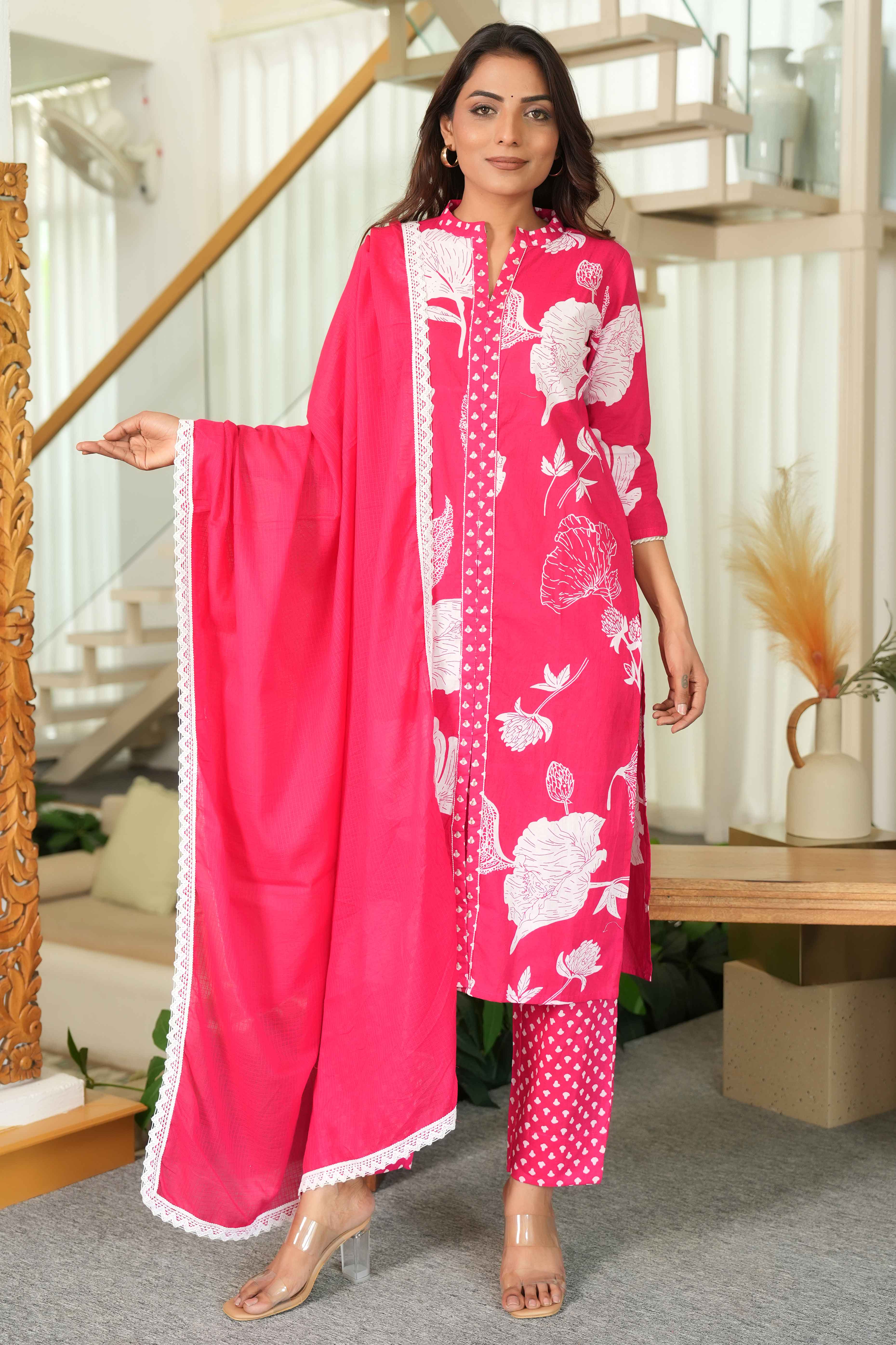 Rani Pink Pure Cotton Suit with Artistic Floral Prints With Modern Front Slit Look - Image 5