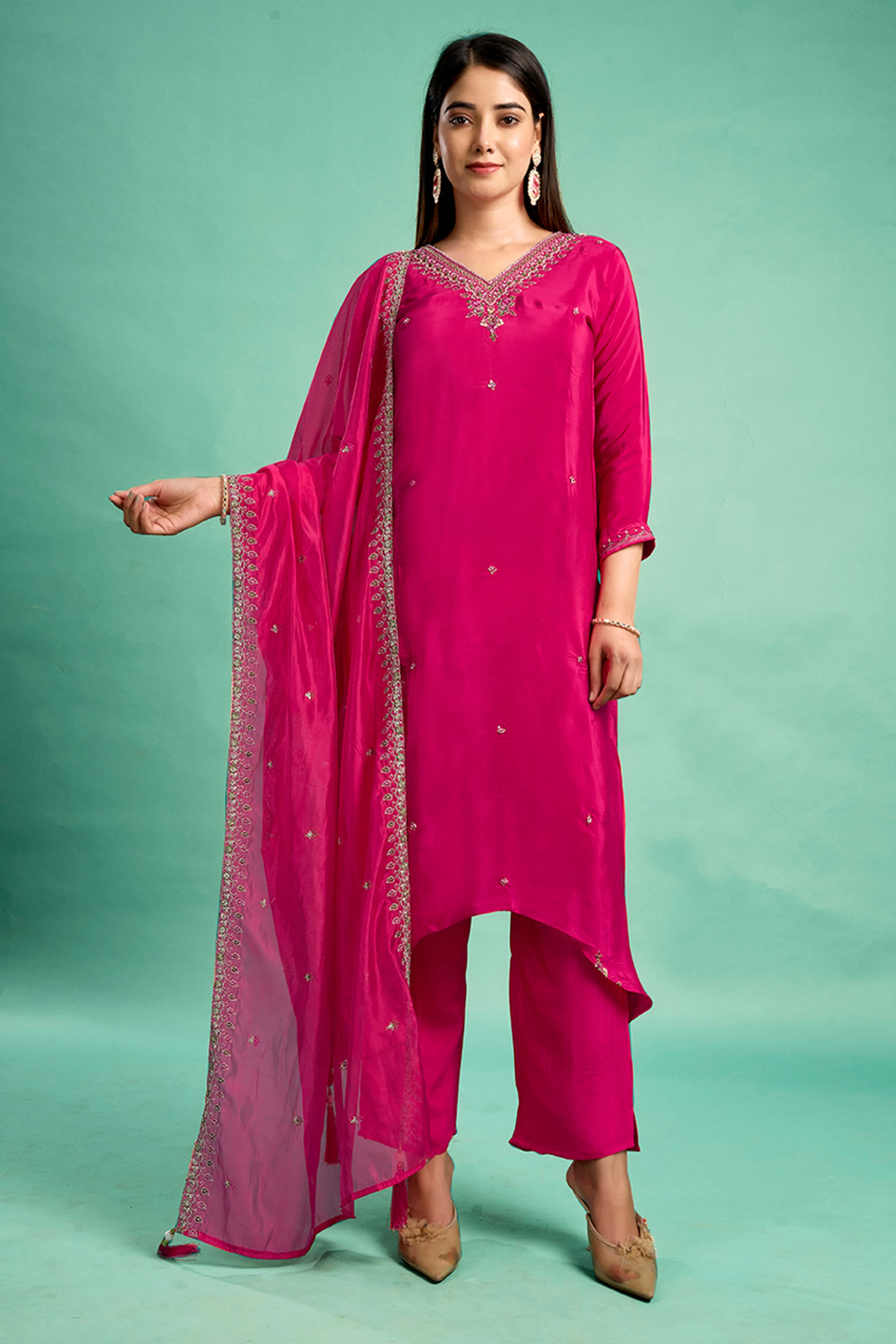 Rani Pink Sequins Embroidered Viscose Crepe Straight Salwar Suit - Image 4