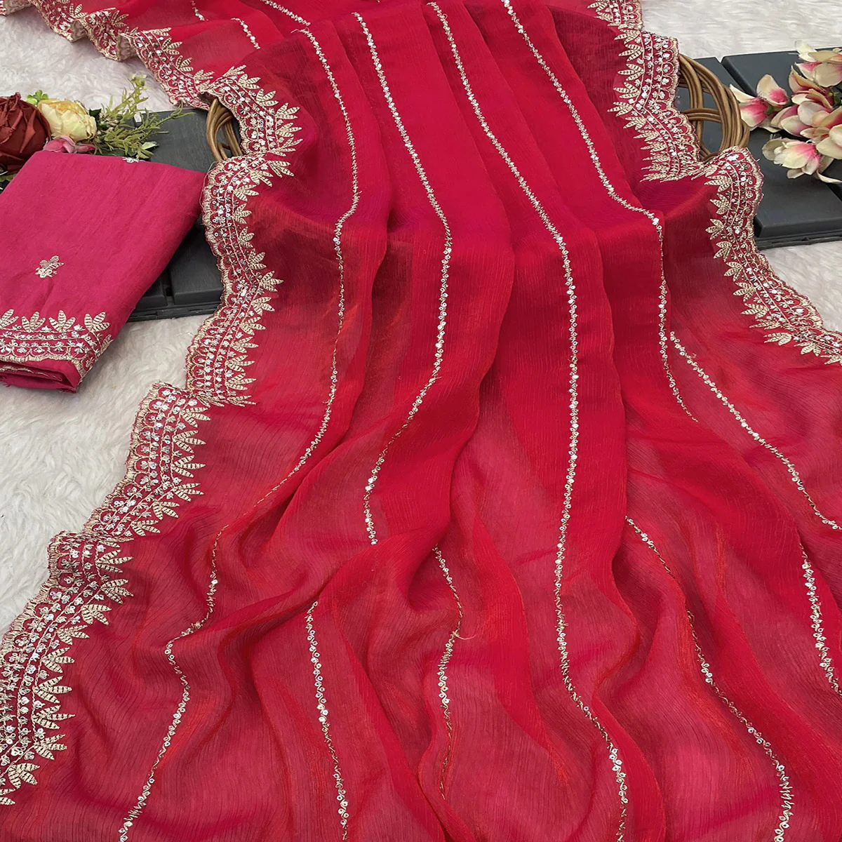 Rani Pink Sequins Work Embroidered Chiffon Saree - Image 2
