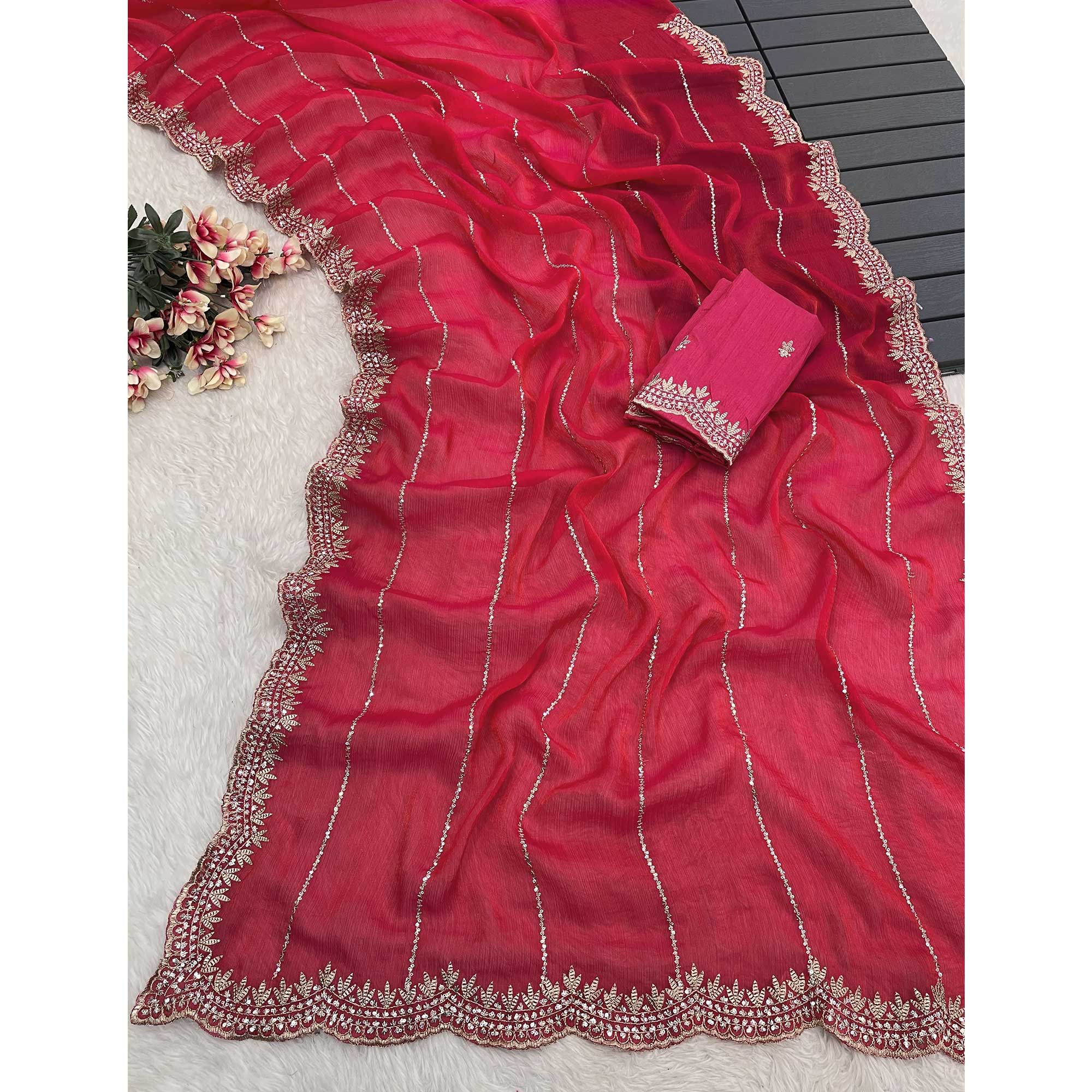 Rani Pink Sequins Work Embroidered Chiffon Saree - Image 3