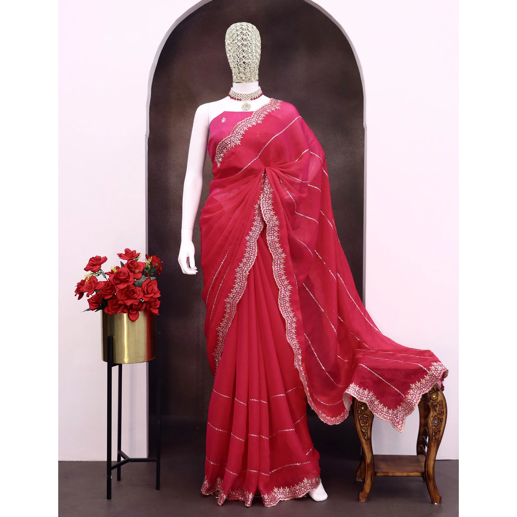 Rani Pink Sequins Work Embroidered Chiffon Saree - Image 6