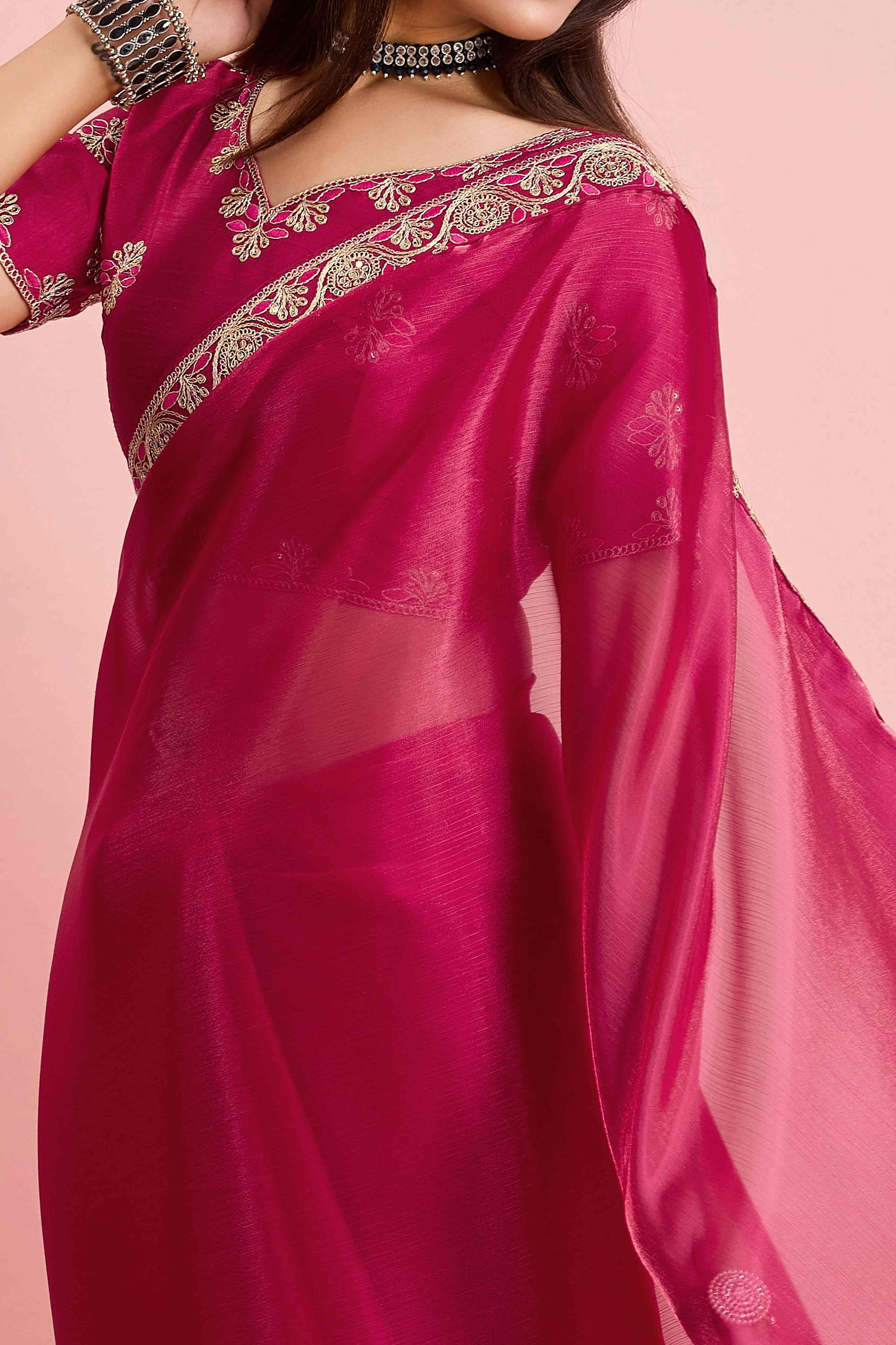 Rani Pink Solid With Sequins Embroidery Border Mulberry Silk Saree - Image 2