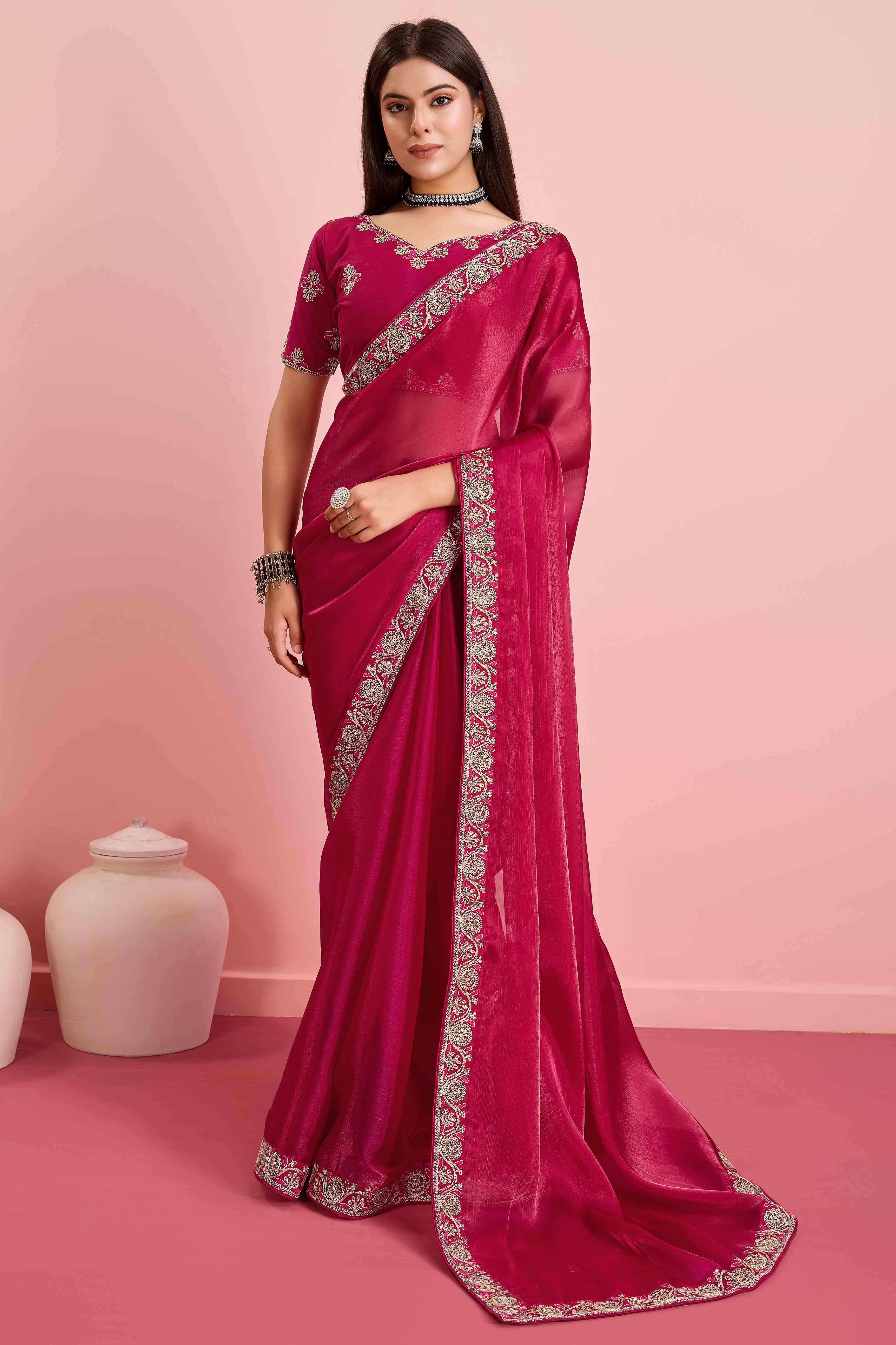 Rani Pink Solid With Sequins Embroidery Border Mulberry Silk Saree - Image 3