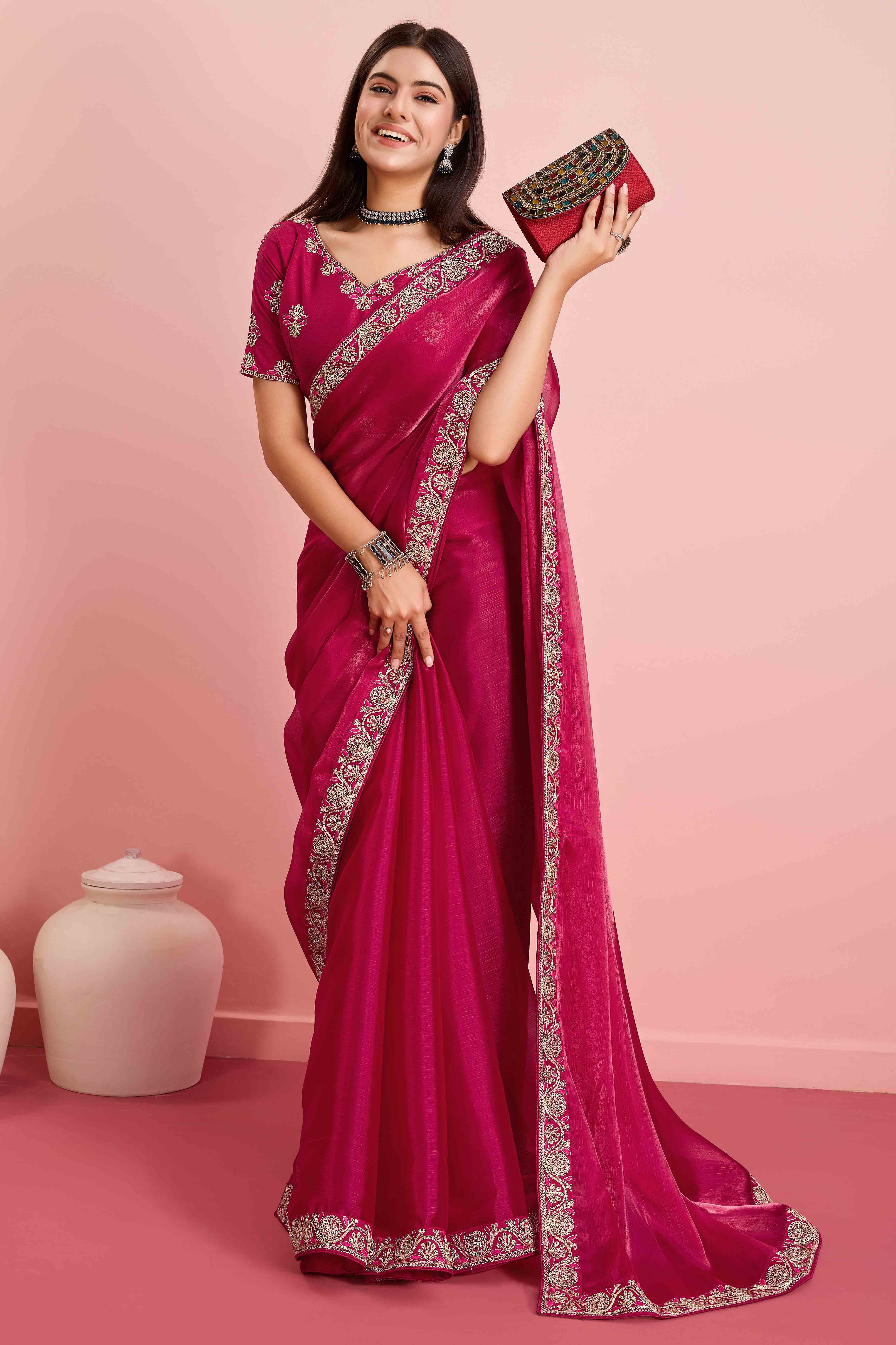 Rani Pink Solid With Sequins Embroidery Border Mulberry Silk Saree - Image 4