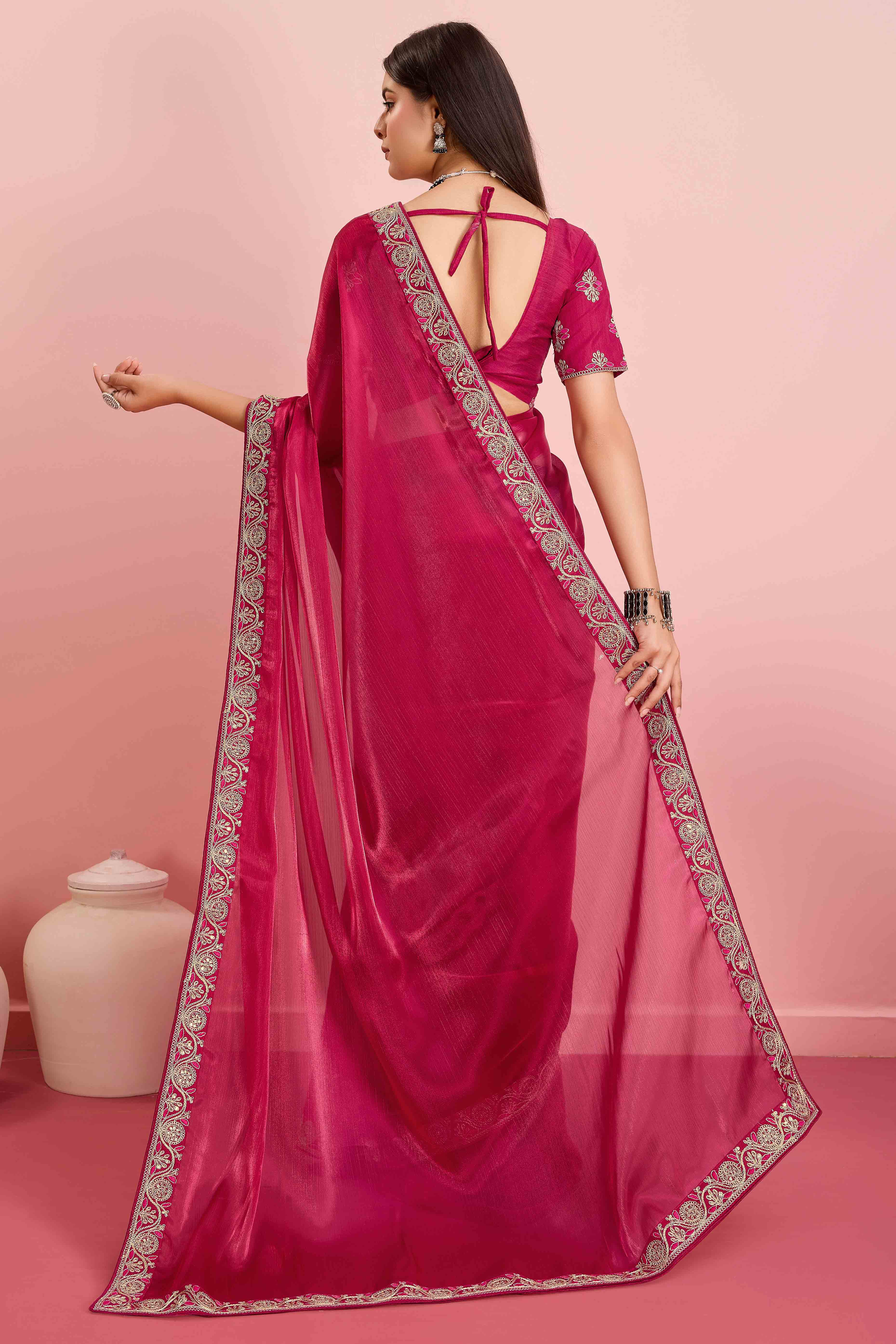 Rani Pink Solid With Sequins Embroidery Border Mulberry Silk Saree - Image 5