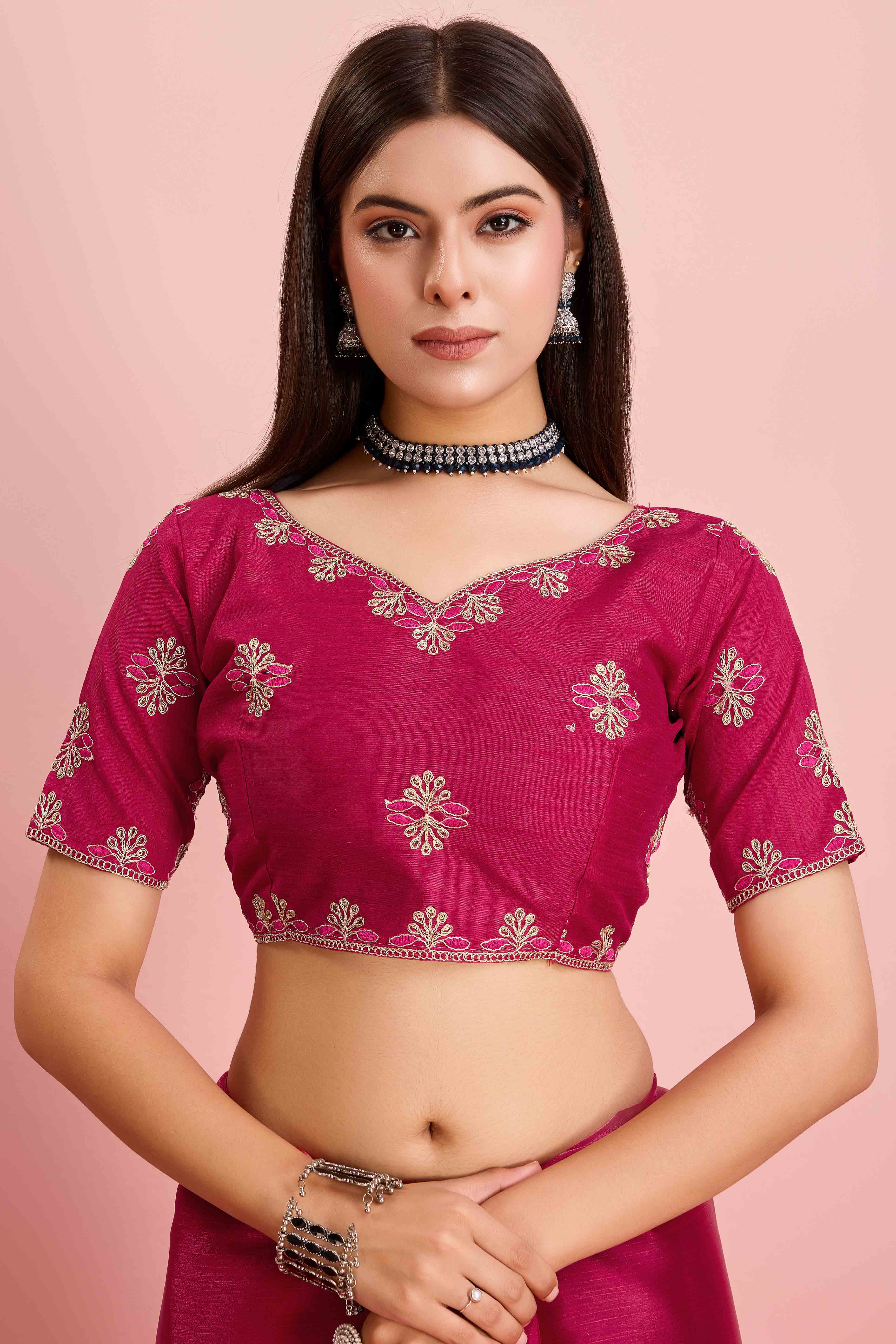 Rani Pink Solid With Sequins Embroidery Border Mulberry Silk Saree - Image 7
