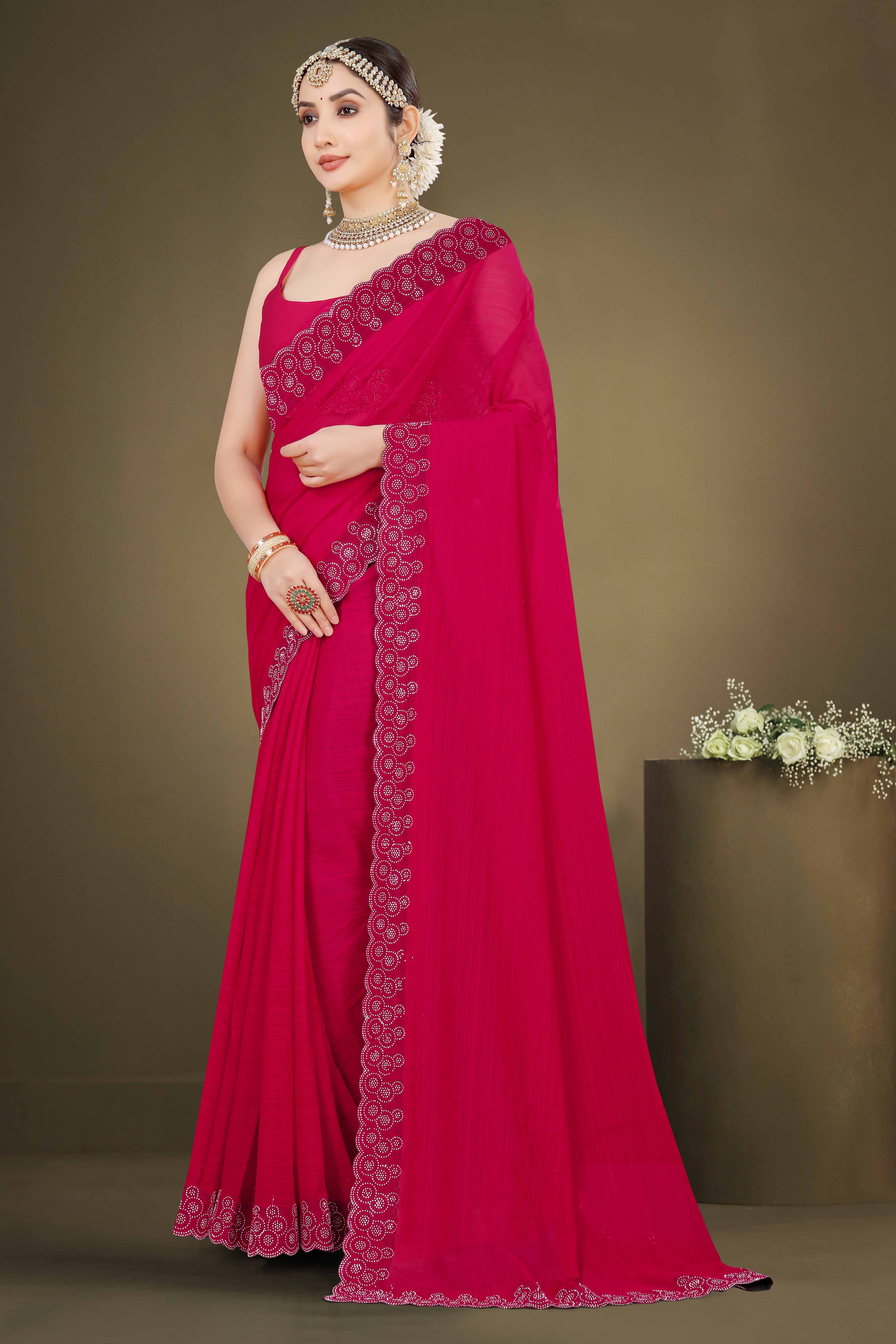 Rani Pink Solid With Swarovski Work Chiffon Saree - Image 4