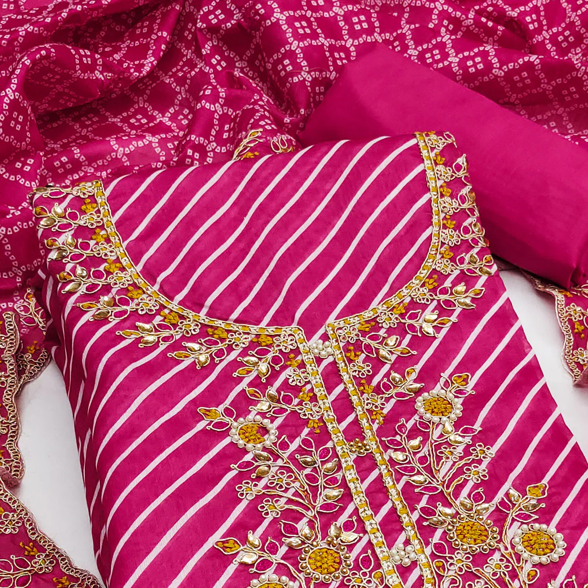 Rani Pink Striped Digital Printed With Handwork Muslin Dress Material - Image 2
