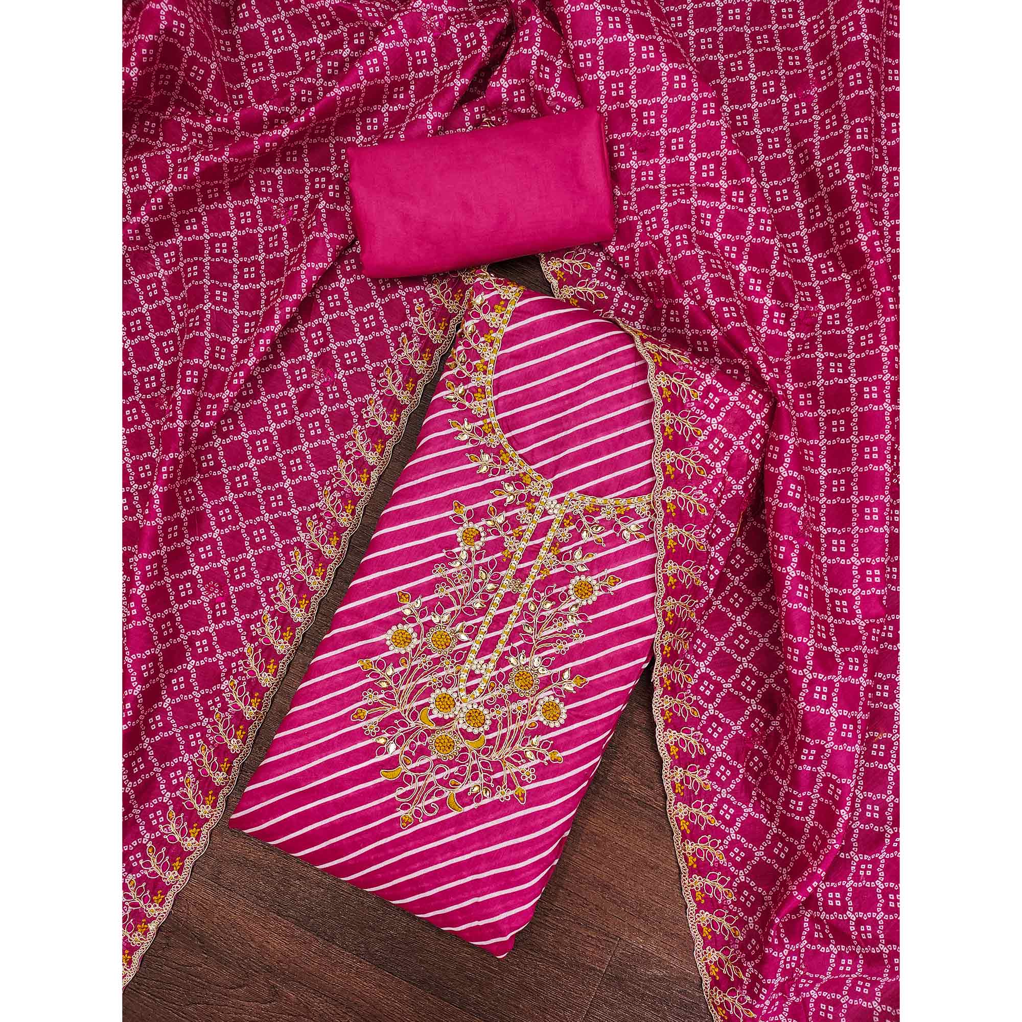 Rani Pink Striped Digital Printed With Handwork Muslin Dress Material - Image 3