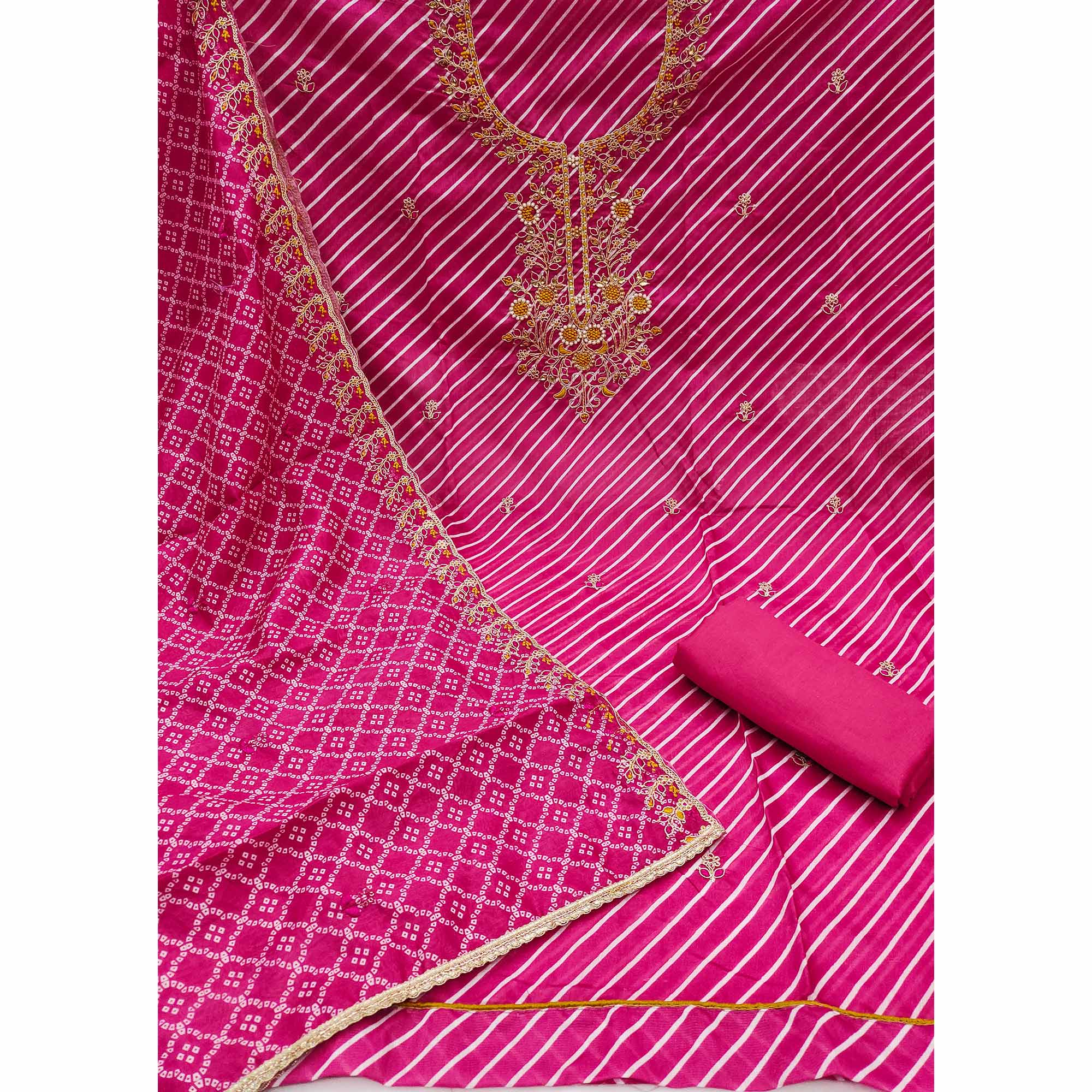 Rani Pink Striped Digital Printed With Handwork Muslin Dress Material - Image 4