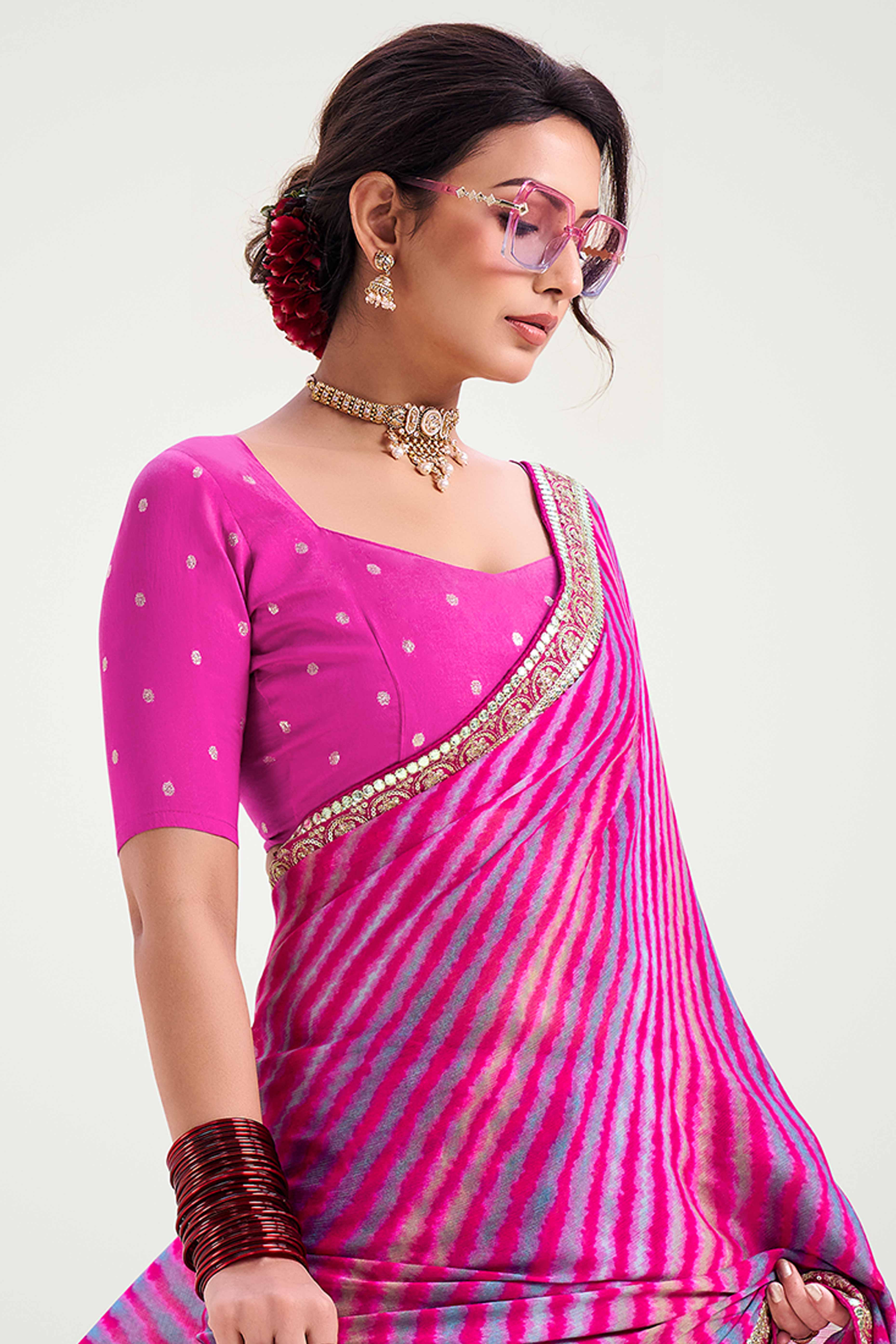 Rani Pink Striped Printed Chiffon Saree Enhanced With Sparkling Sequins Embroidered Border Work - Image 3