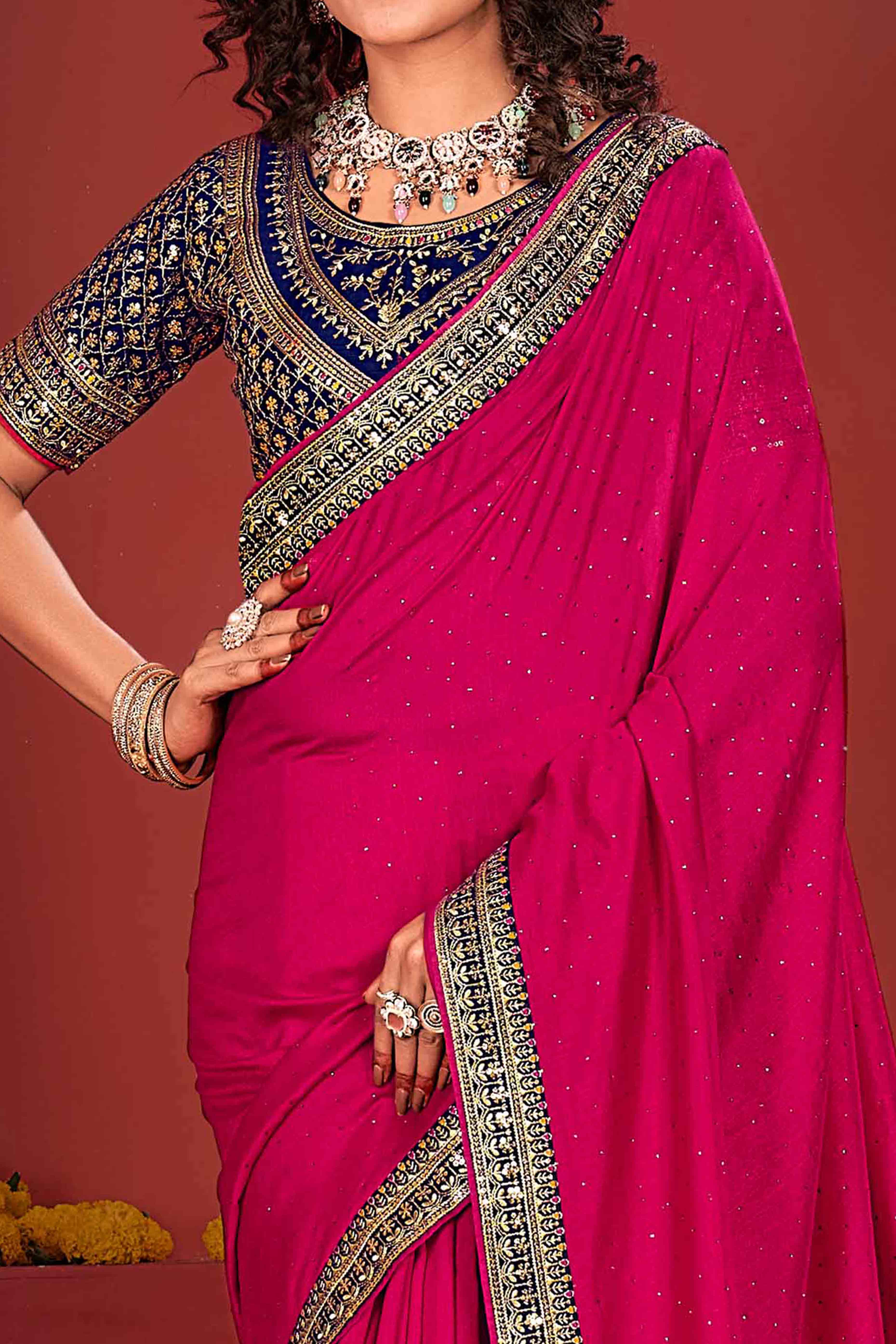 Rani Pink Swarovski Work Embroidered Vichitra Silk Saree - Image 2