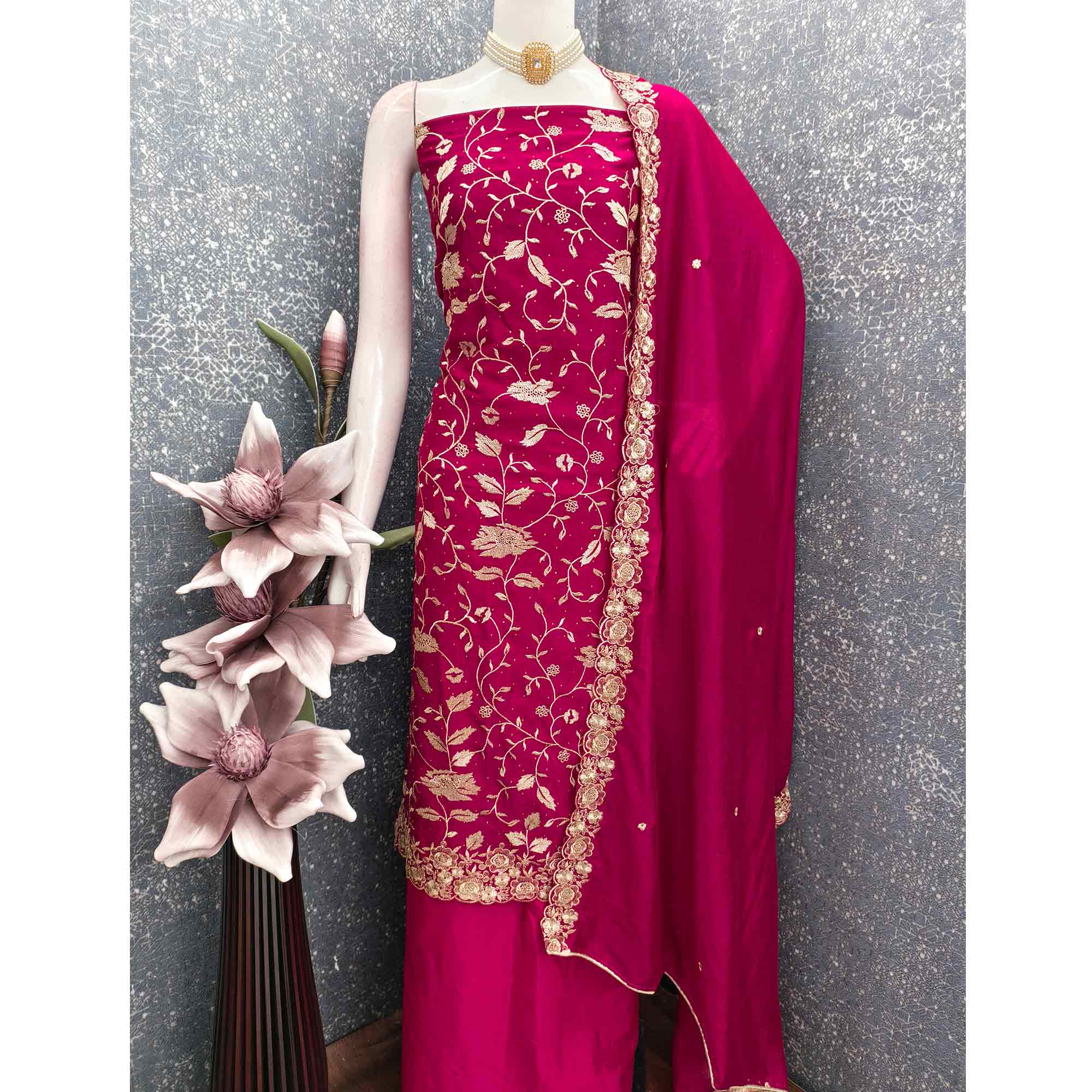 Rani Pink Vichitra Silk Dress Material With Delicate Floral Embroidery & Sparkling Stone Accents - Image 3