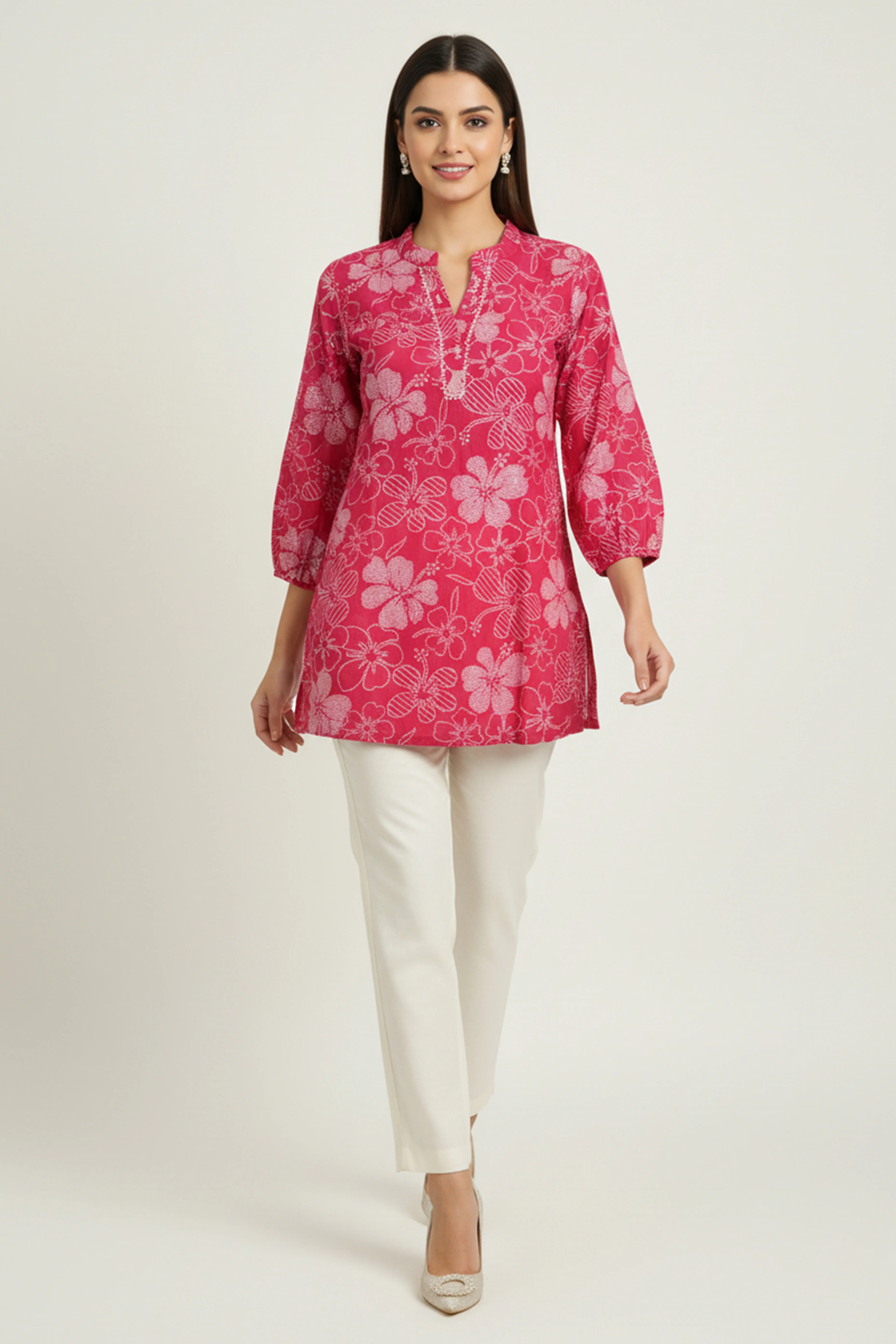Rani Pink Viscose Blend Slub Fabric Top with Beautiful Floral Prints - Image 5