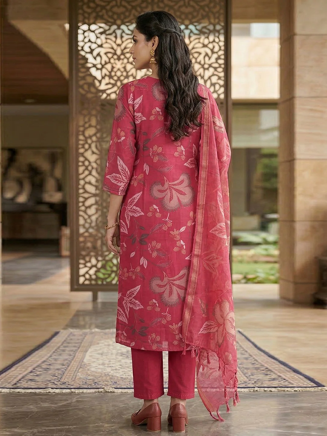 Rani Pink Viscose Floral Print Straight Cut Salwar Suit Set for Effortless Traditional Fashion - Image 3