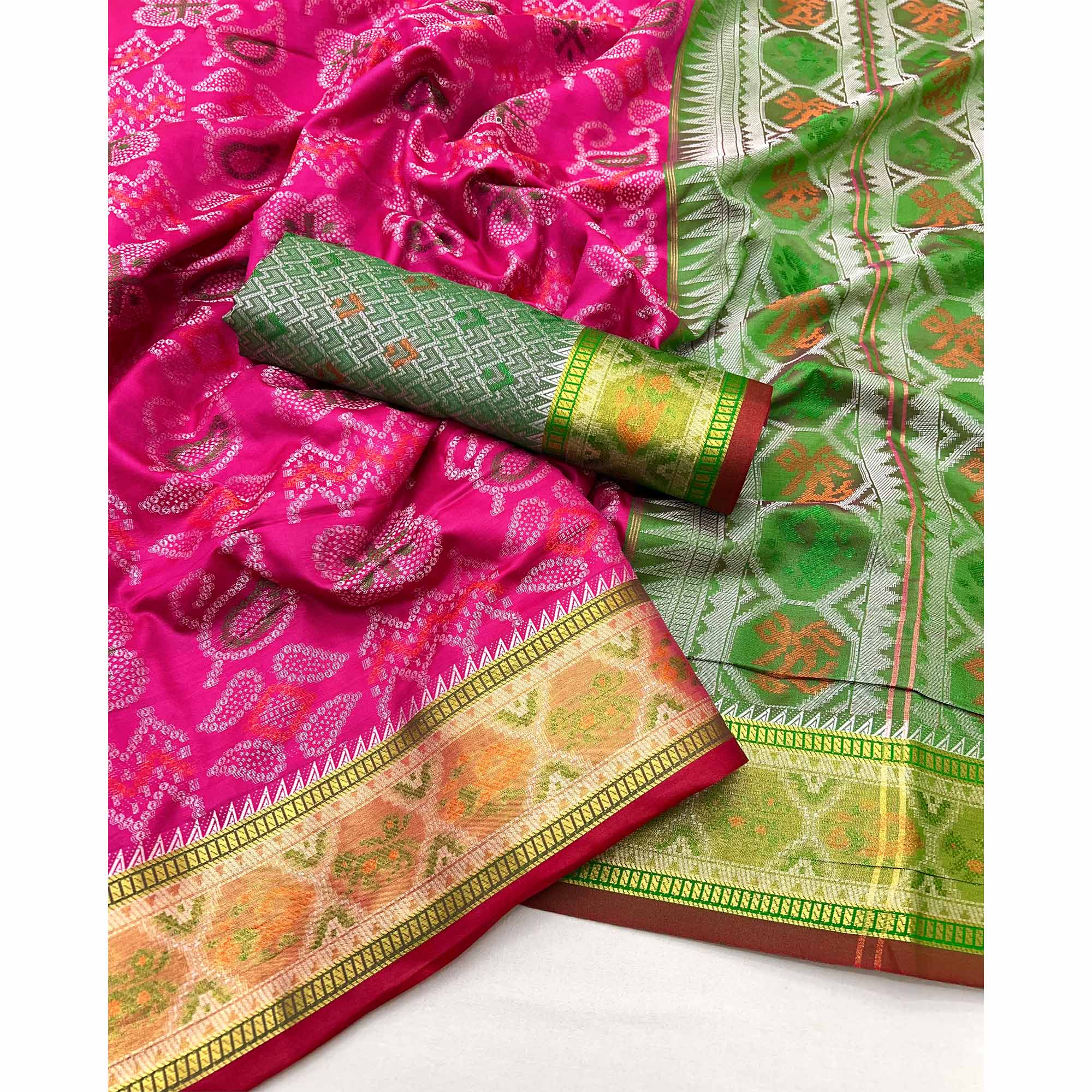 Rani Pink Woven Art Silk Patola Saree - Image 3