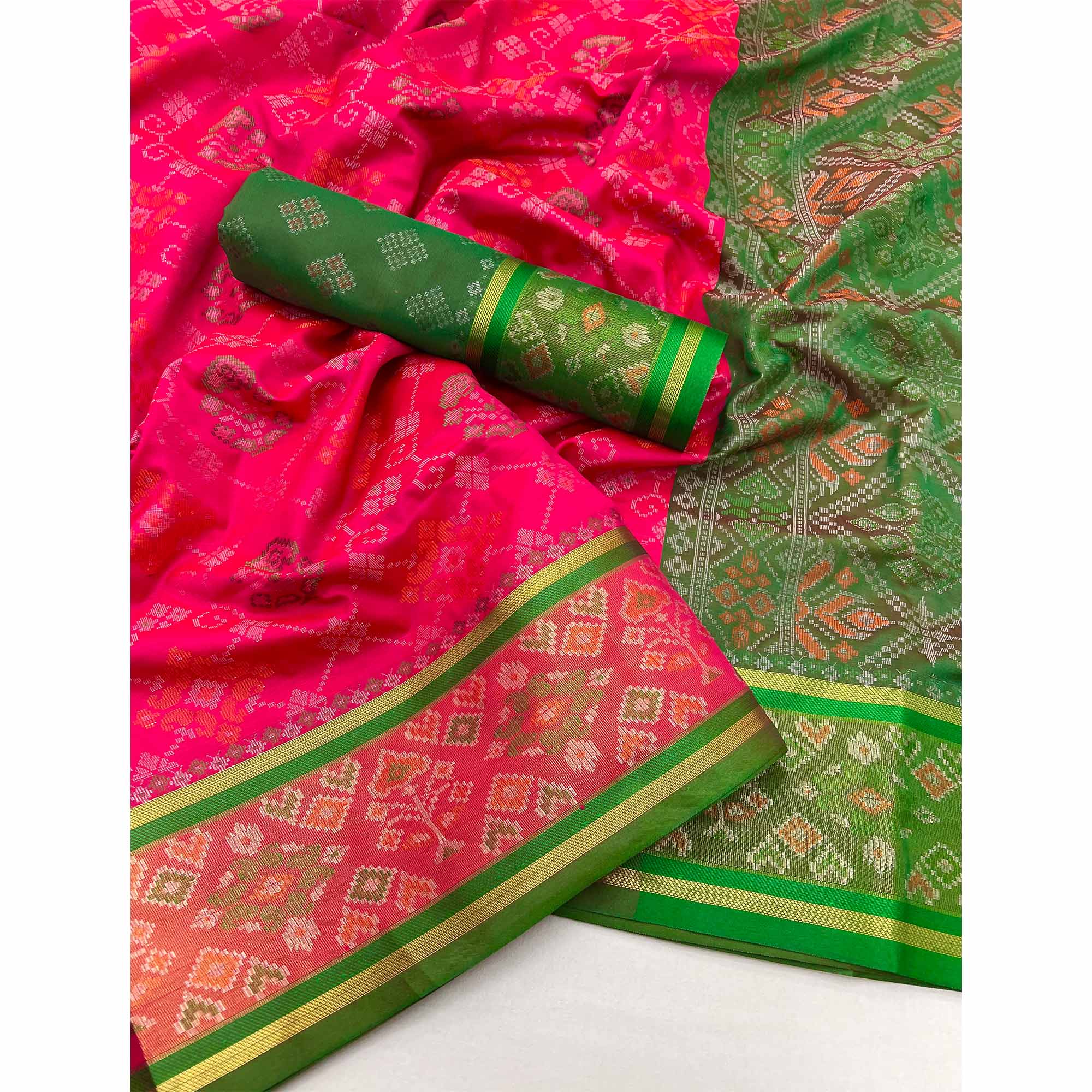 Rani Pink Woven Art Silk Patola Saree - Image 3