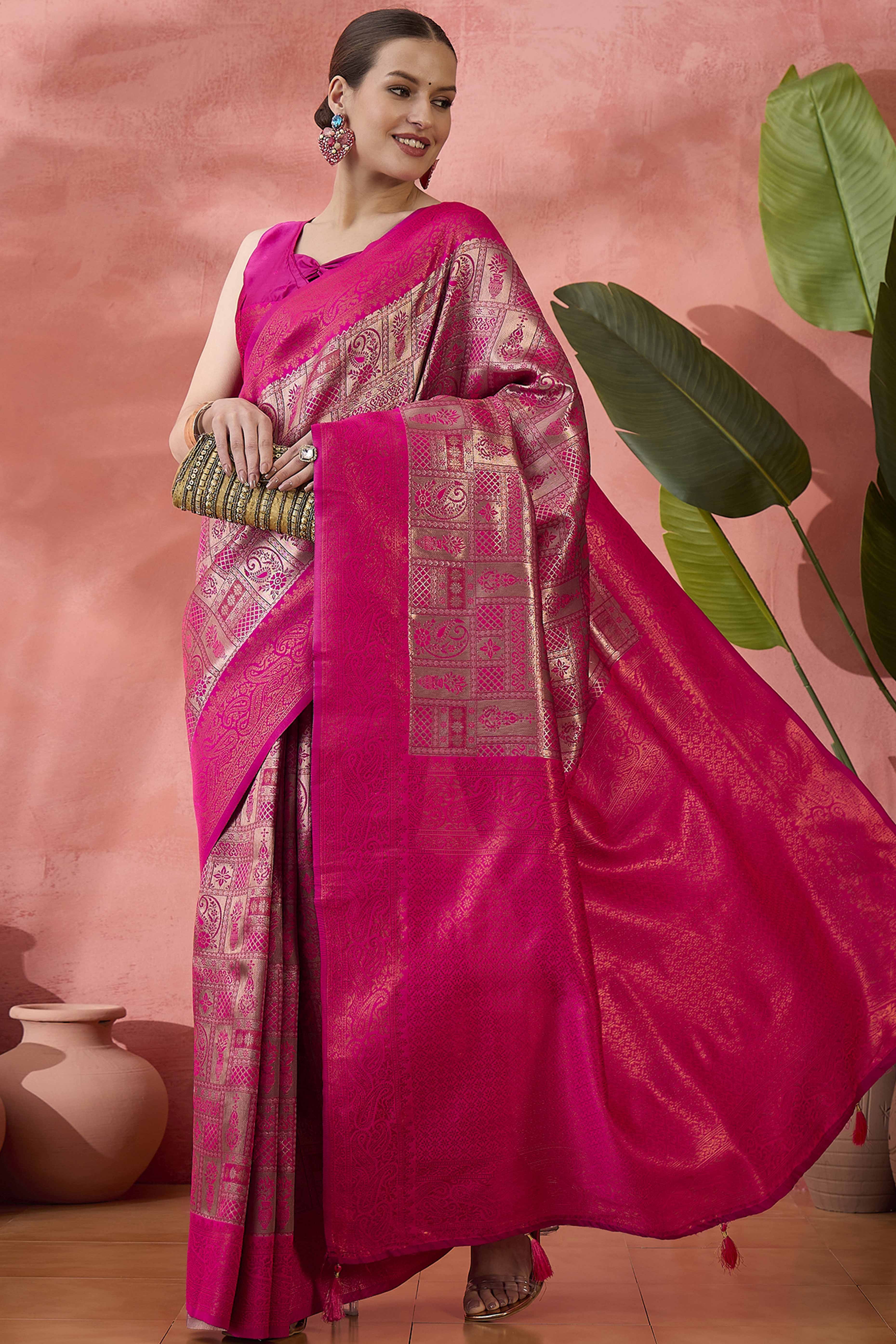 Rani Pink Woven Poly Silk Blend Saree Featuring Floral & Paisley Motifs With Tassel Accents - Image 4