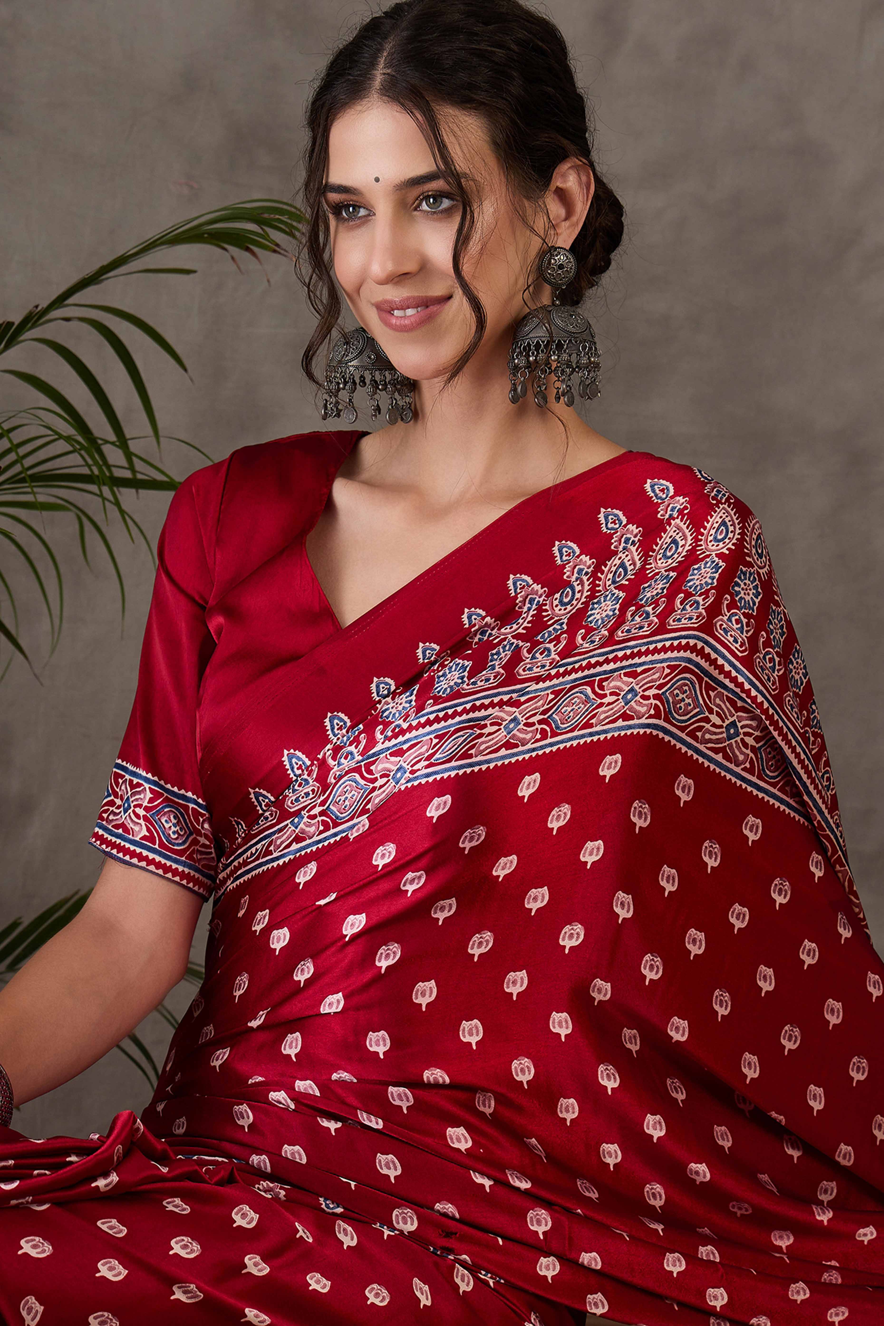 Red Ajrakh Inspired Printed Modal Satin Saree for Party Occasions - Image 7