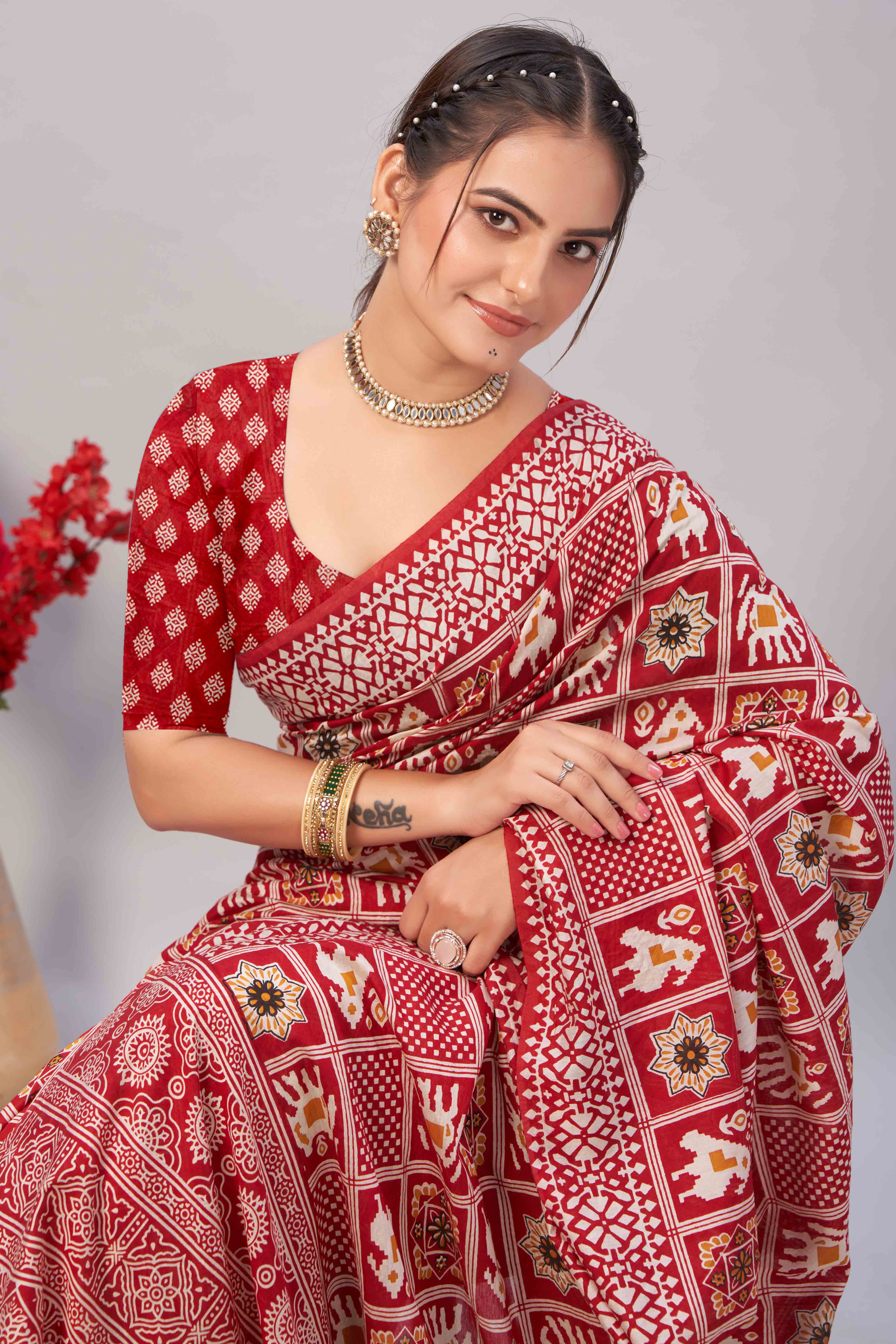 Red Ajrakh Printed Cotton Blend Saree - Image 6
