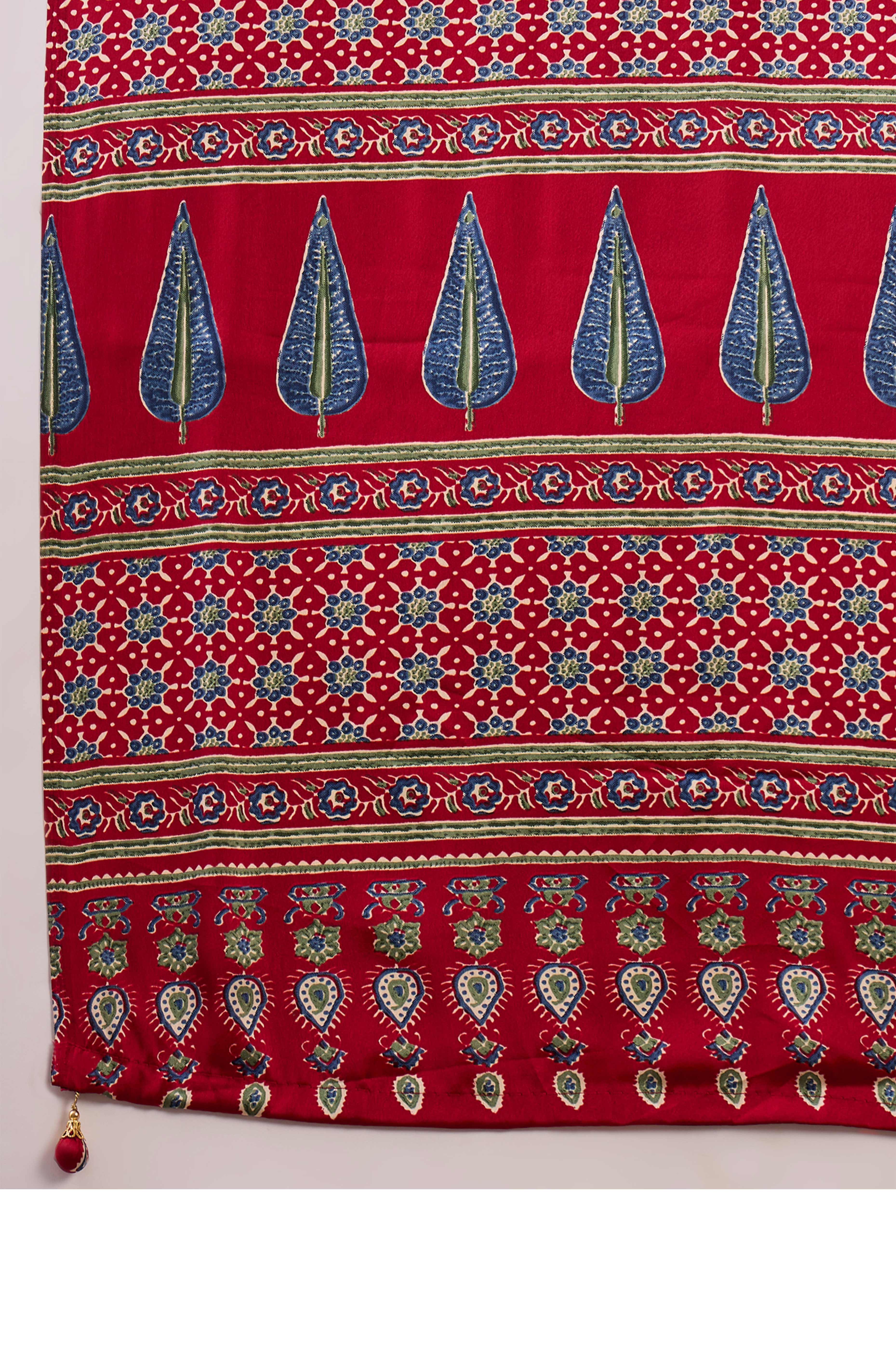 Red Ajrakh Printed Modal Satin Saree with Rich Party Wear Look - Image 10