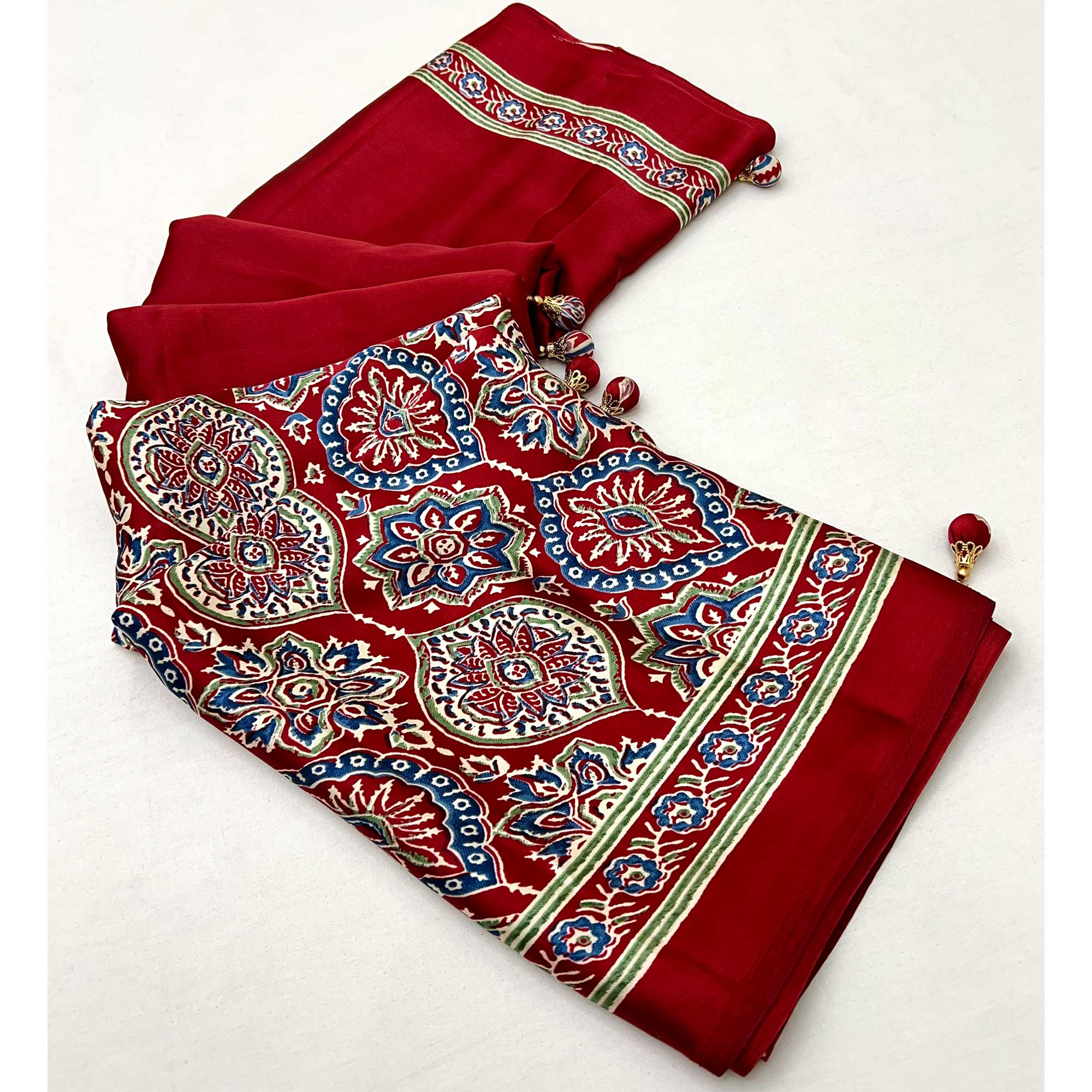 Red Ajrakh Printed Modal Satin Saree with Rich Party Wear Look - Image 11