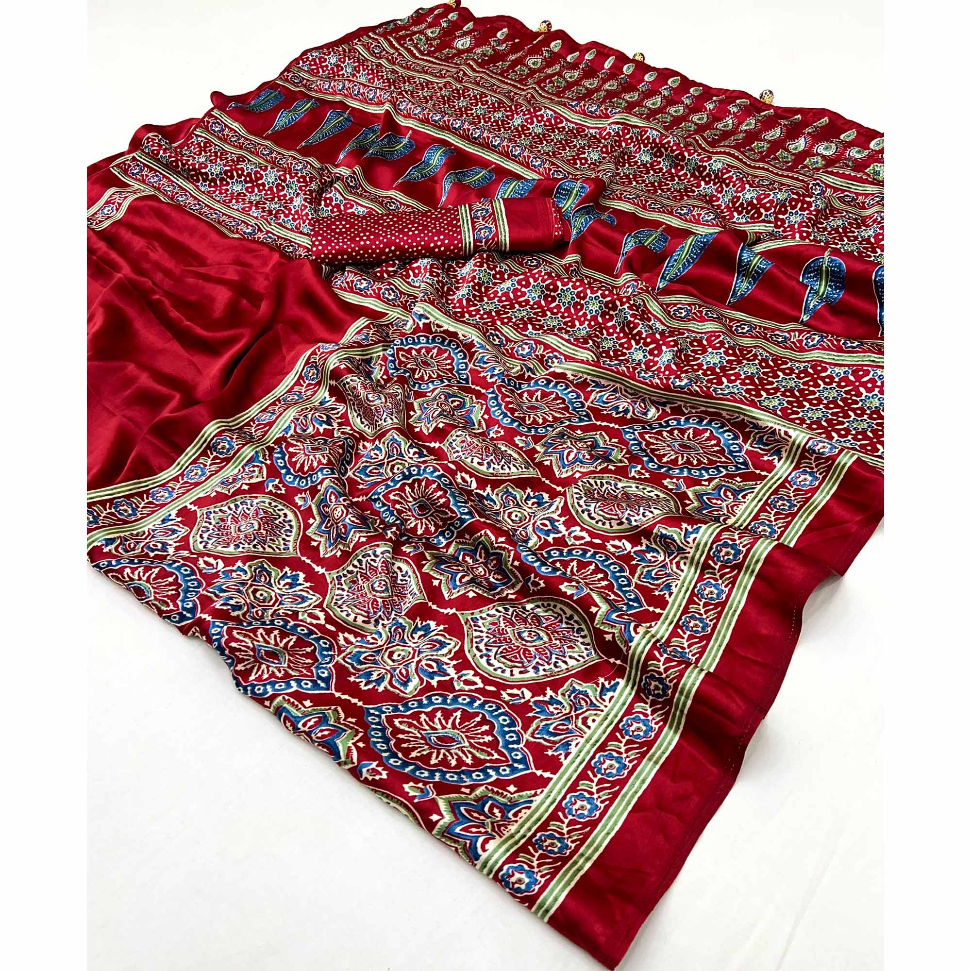 Red Ajrakh Printed Modal Satin Saree with Rich Party Wear Look - Image 12