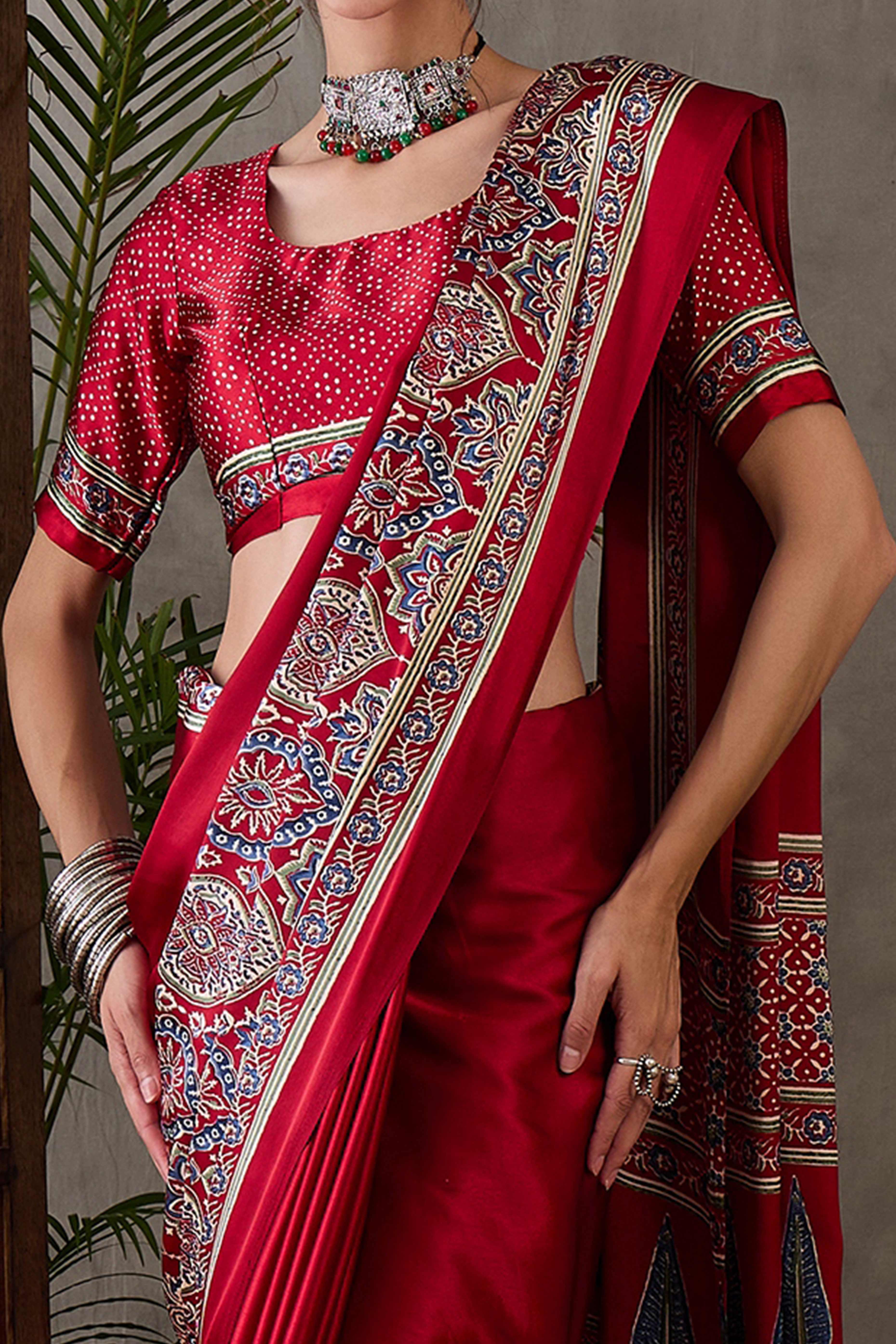 Red Ajrakh Printed Modal Satin Saree with Rich Party Wear Look - Image 2