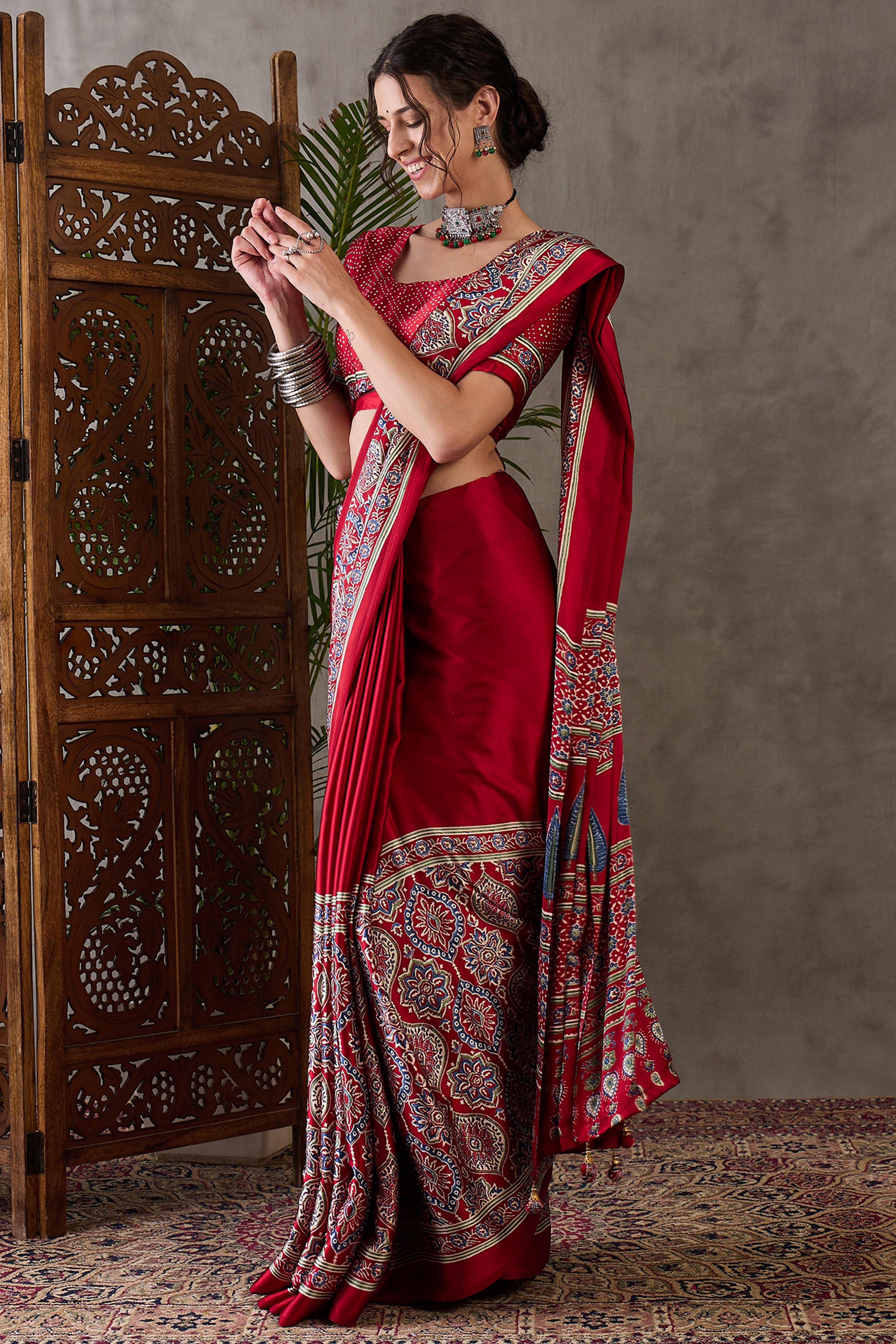 Red Ajrakh Printed Modal Satin Saree with Rich Party Wear Look - Image 3