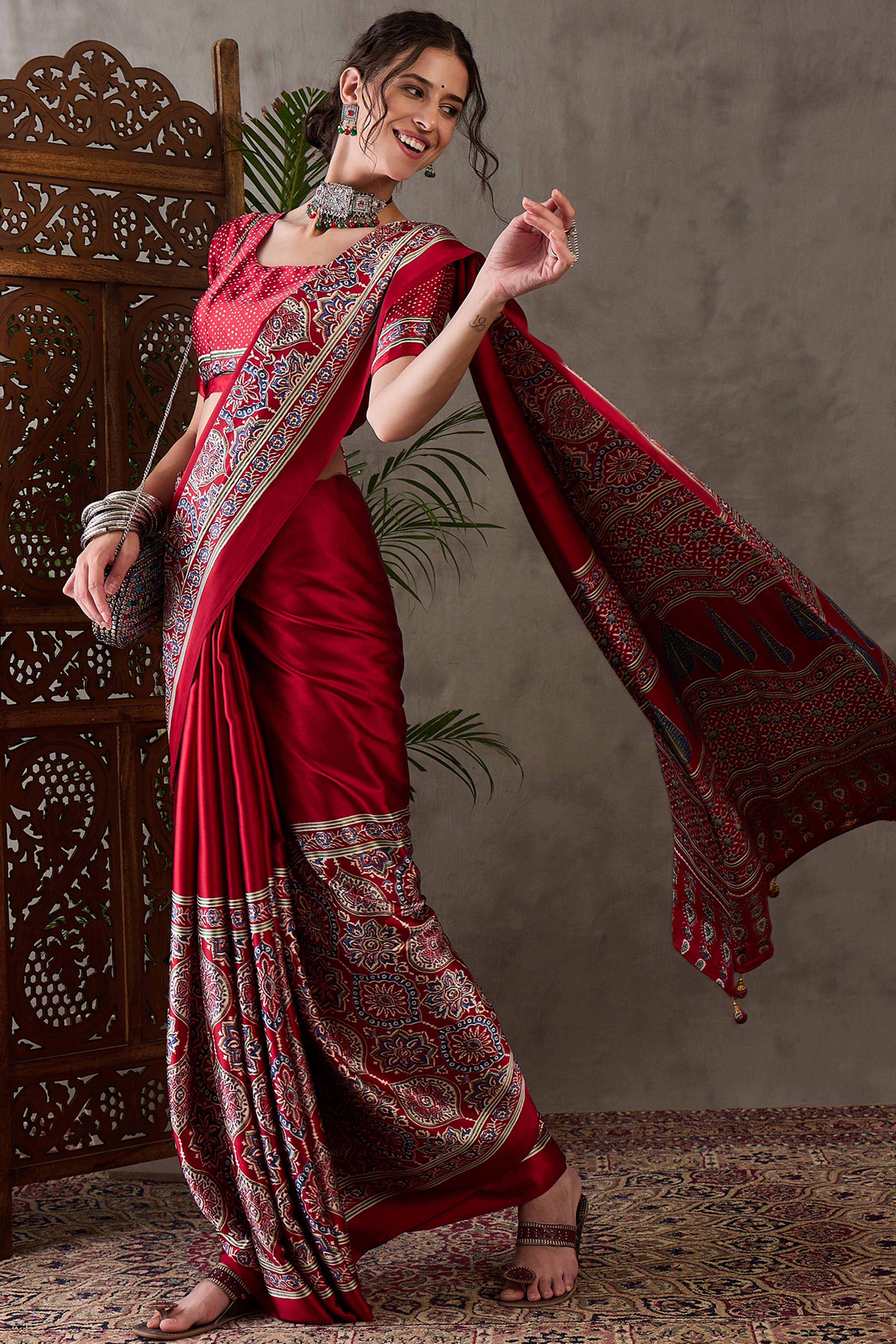 Red Ajrakh Printed Modal Satin Saree with Rich Party Wear Look - Image 4
