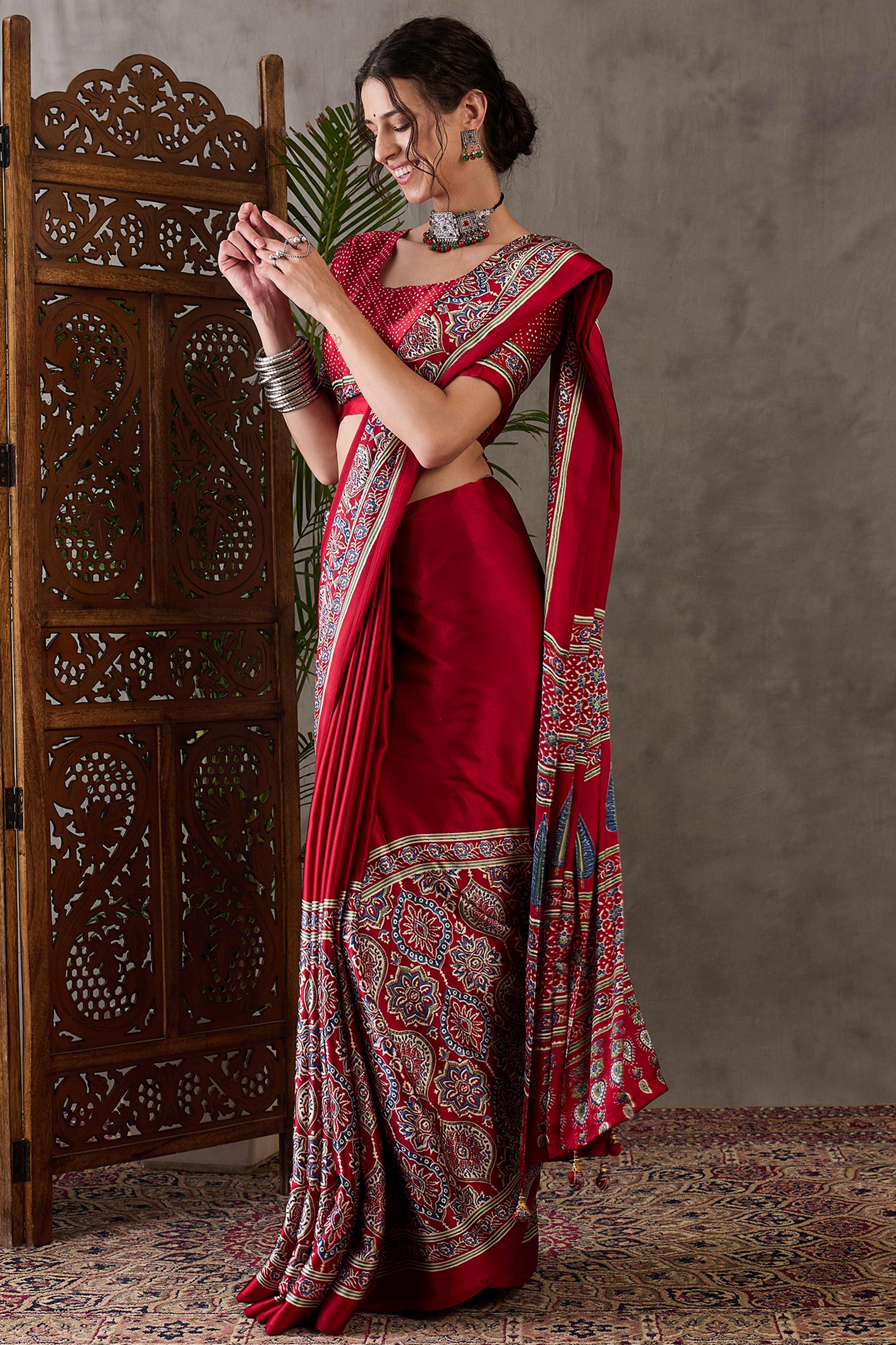 Red Ajrakh Printed Modal Satin Saree with Rich Party Wear Look - Image 5