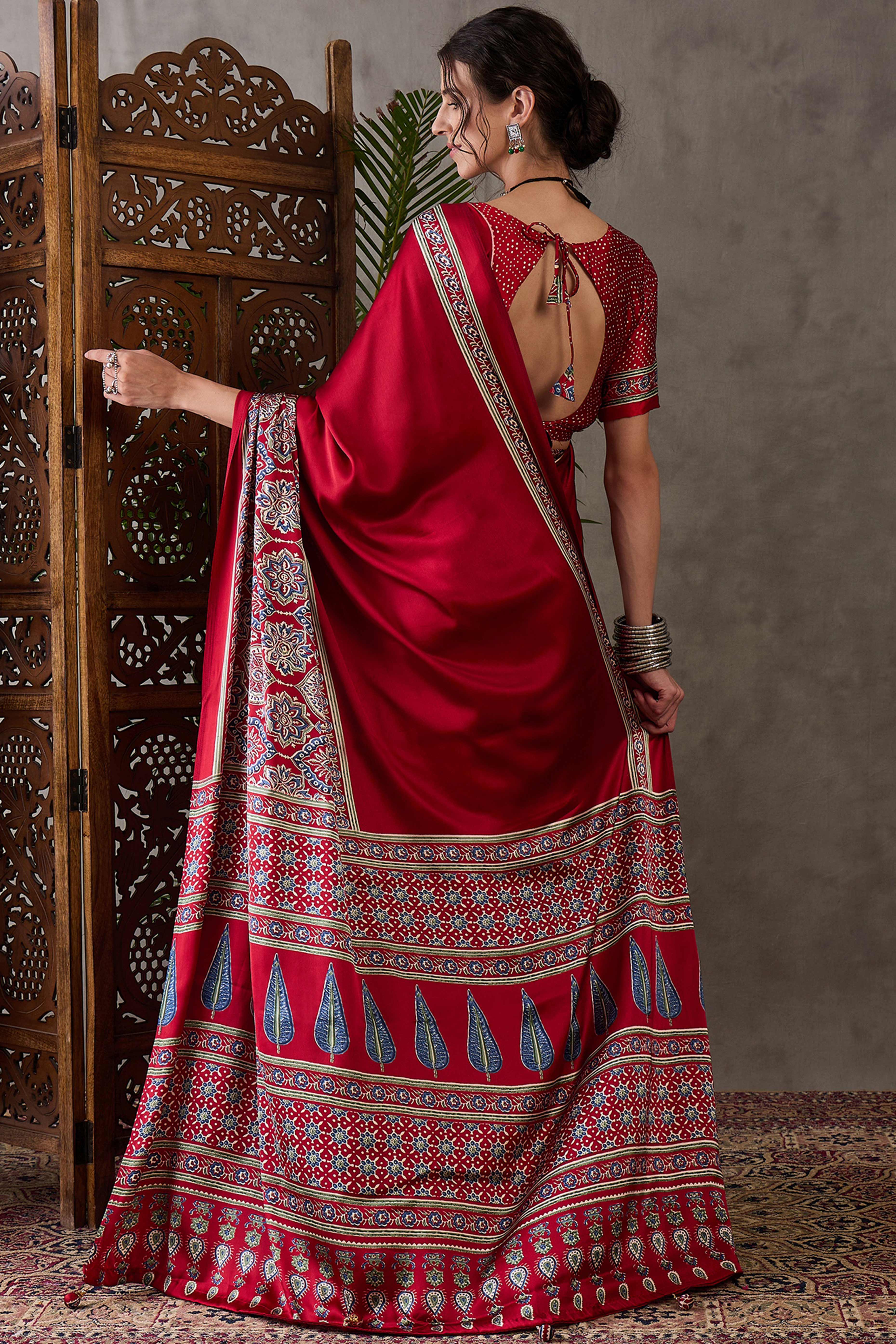 Red Ajrakh Printed Modal Satin Saree with Rich Party Wear Look - Image 6