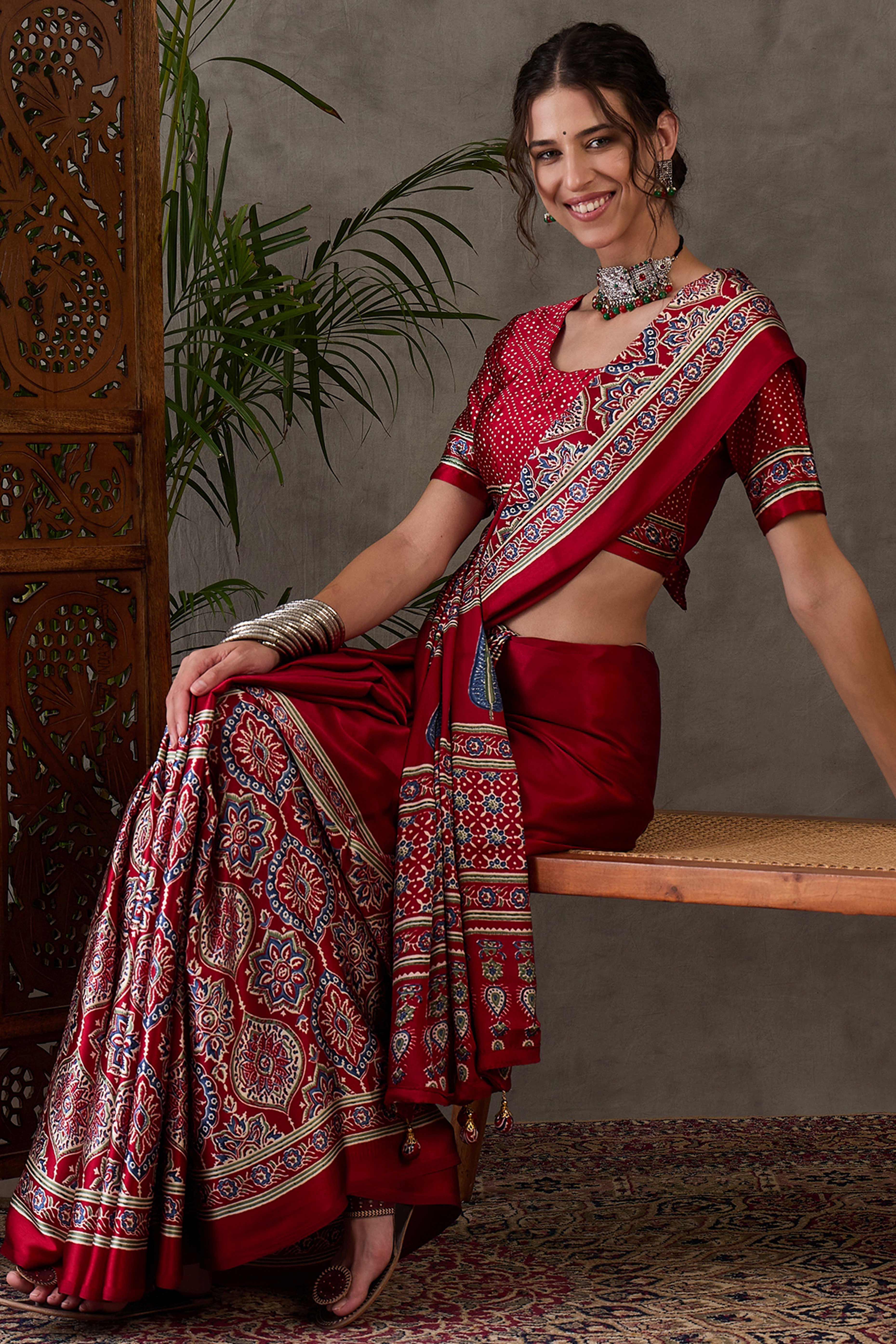 Red Ajrakh Printed Modal Satin Saree with Rich Party Wear Look - Image 7