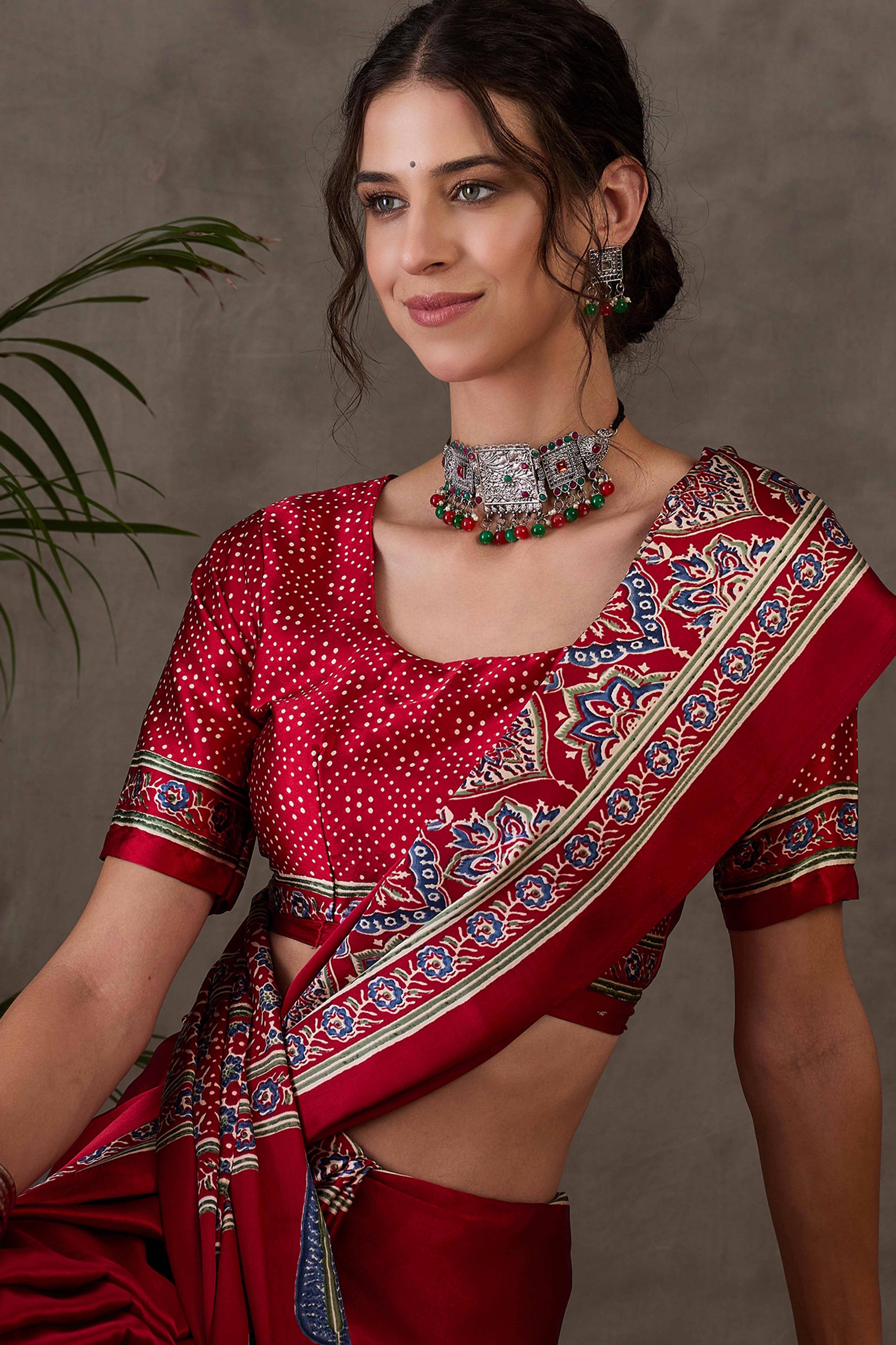 Red Ajrakh Printed Modal Satin Saree with Rich Party Wear Look - Image 8