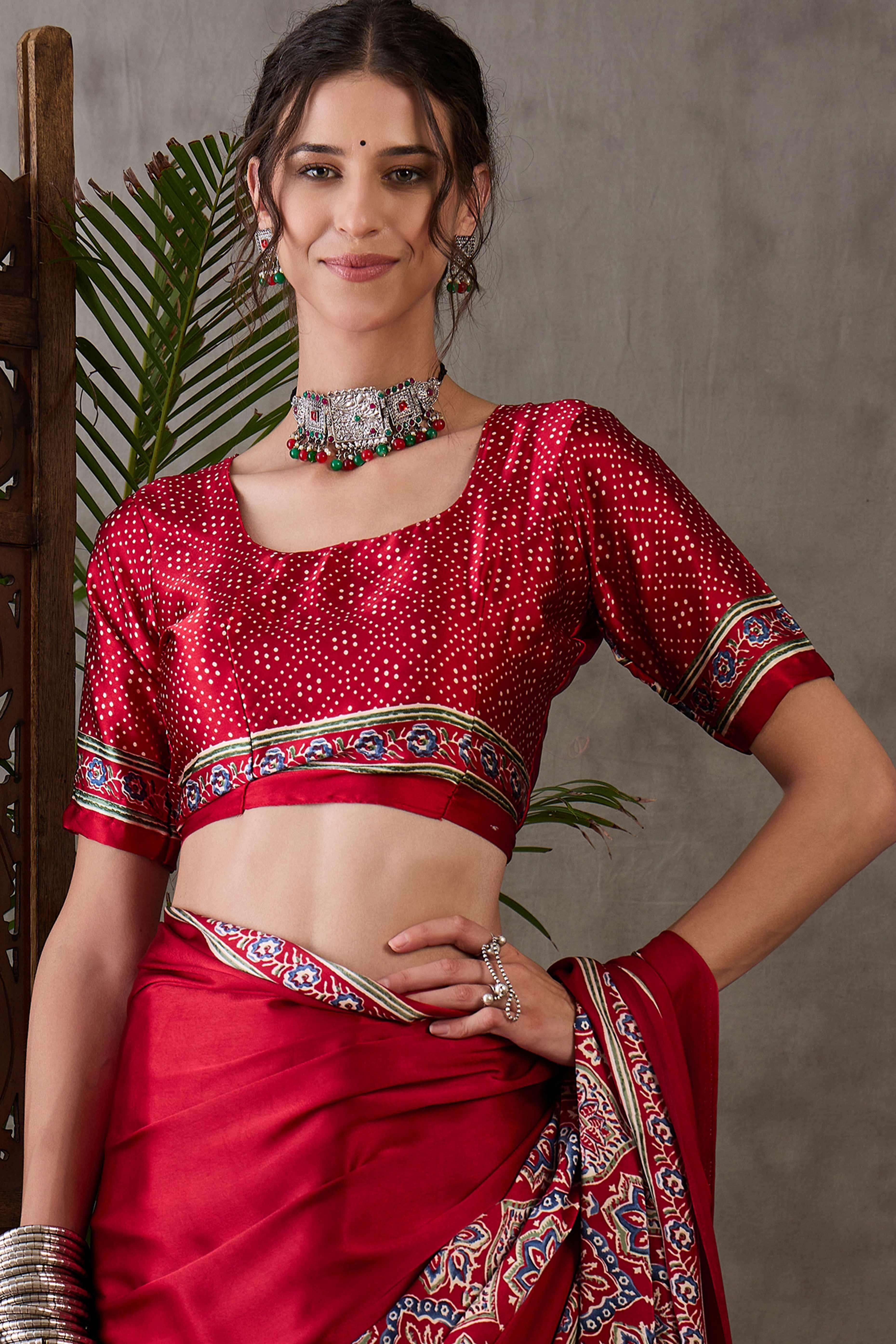 Red Ajrakh Printed Modal Satin Saree with Rich Party Wear Look - Image 9