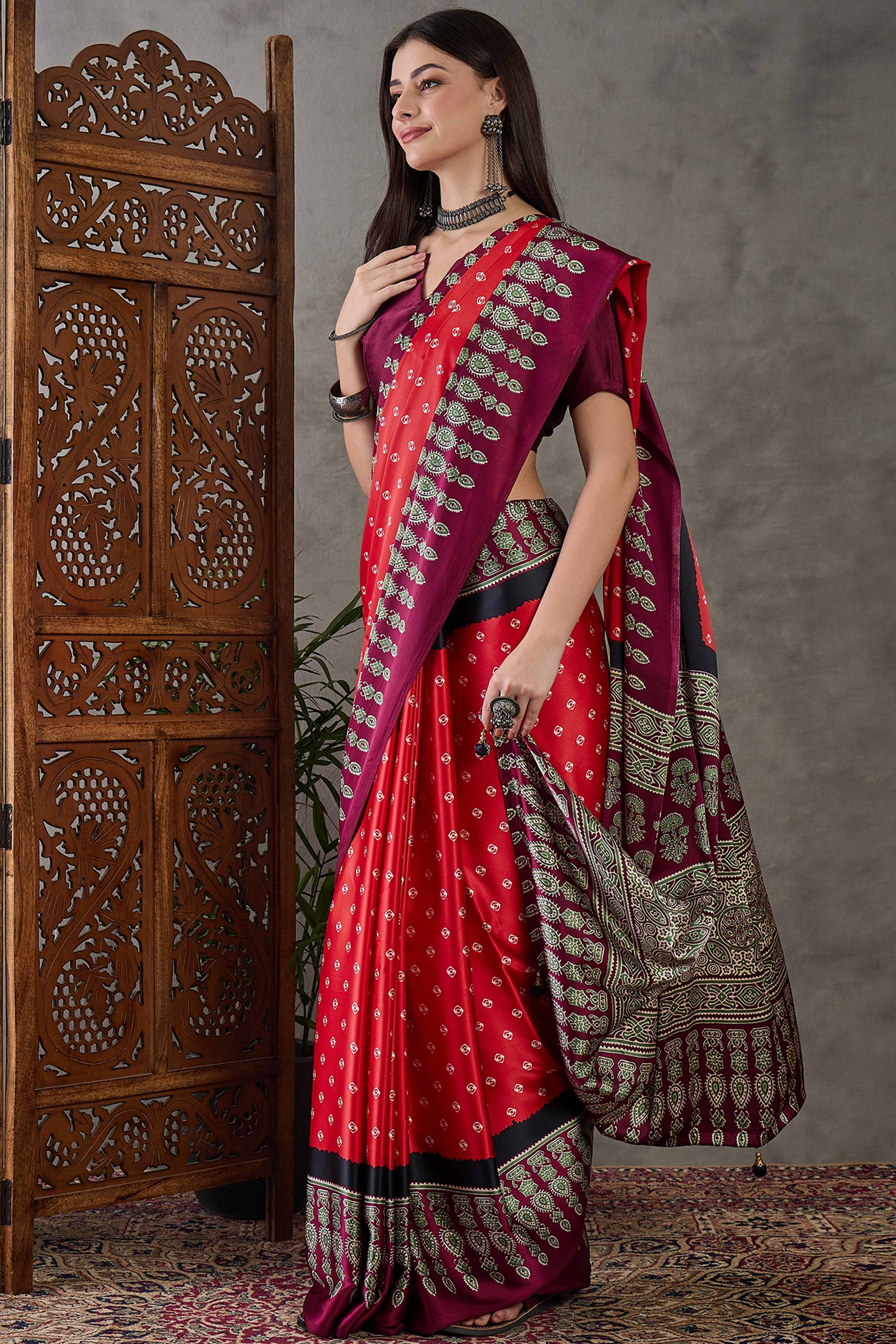 Red Ajrakh Printed Modal Satin Saree with Traditional Ajrakh Charm - Image 3