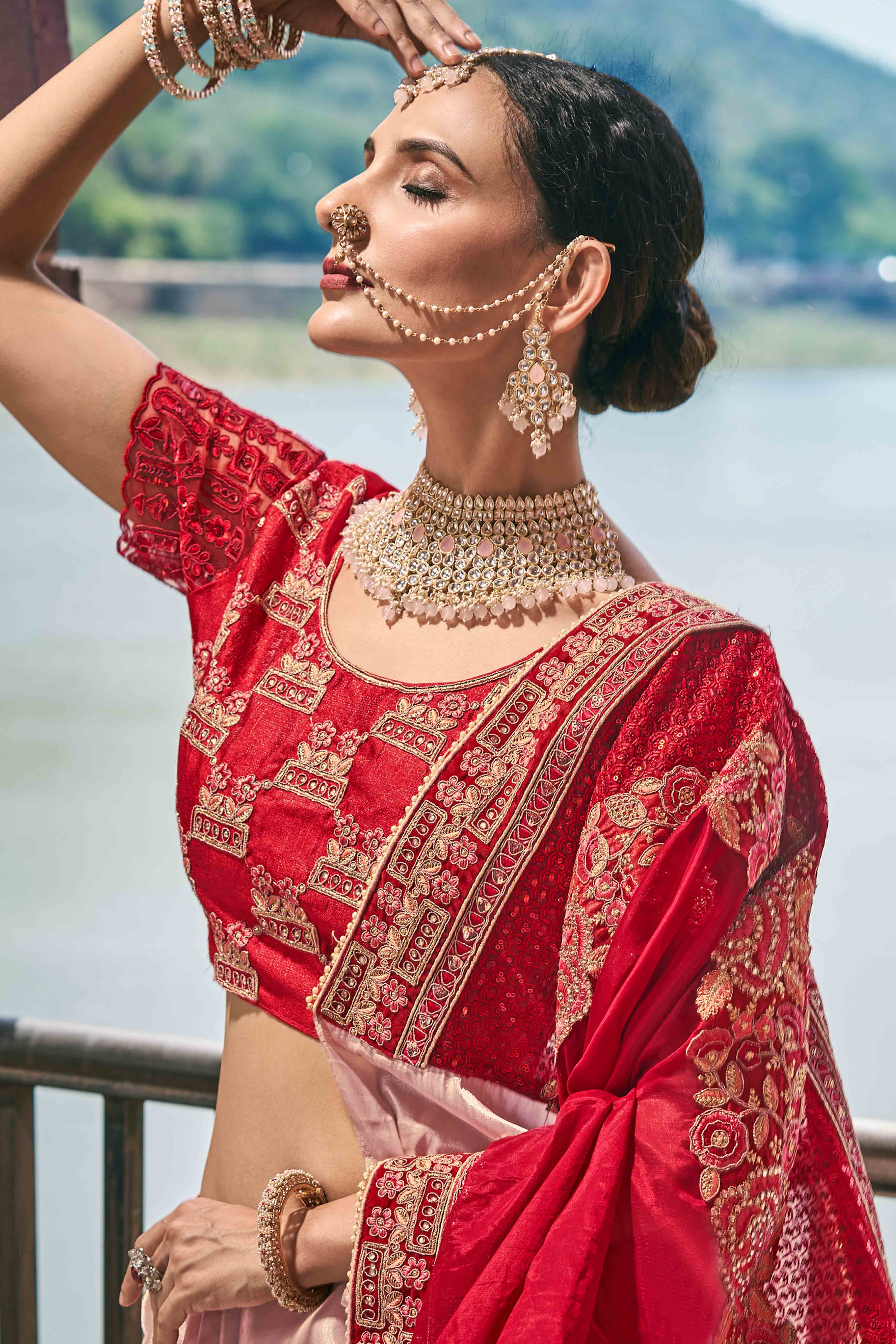 Red And Pink Sequins With Floral Embroidered Organza Saree - Image 3
