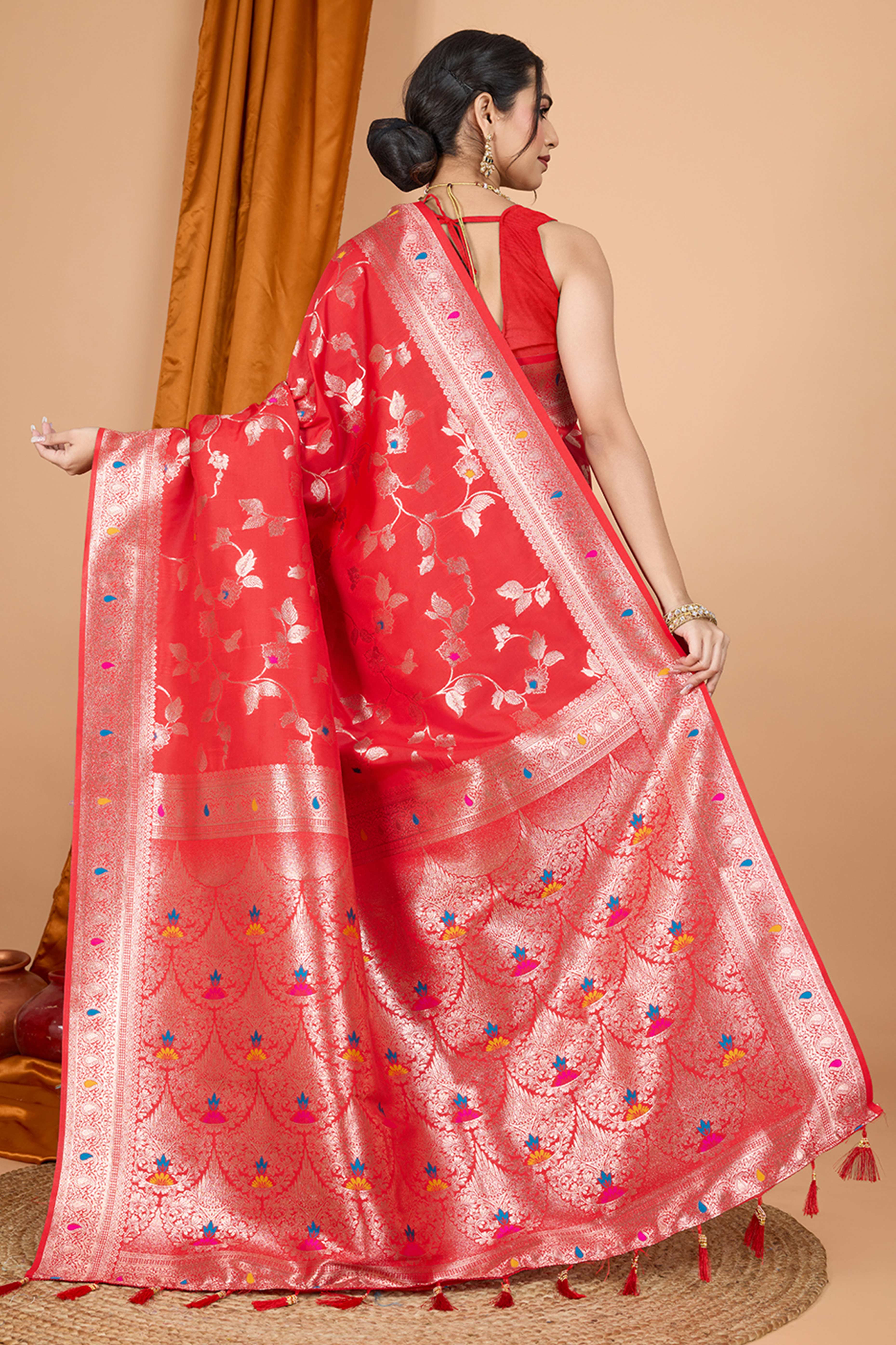 Red Banarasi Silk Saree With Exquisite Floral Zari Weaving and Elegant Tassels - Image 5