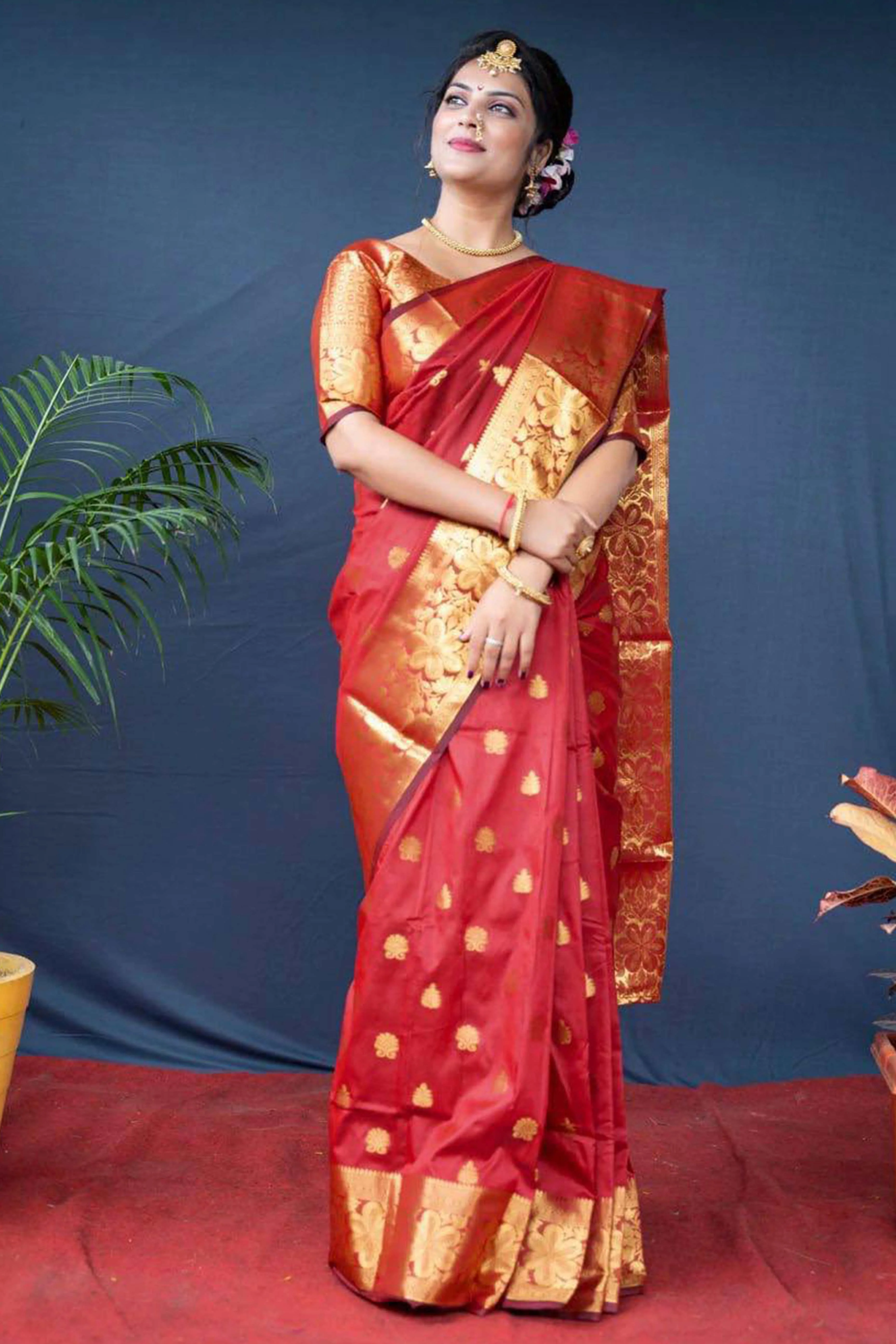Red Banarasi Silk Saree With Intricate Zari Butti Weaving - Image 3